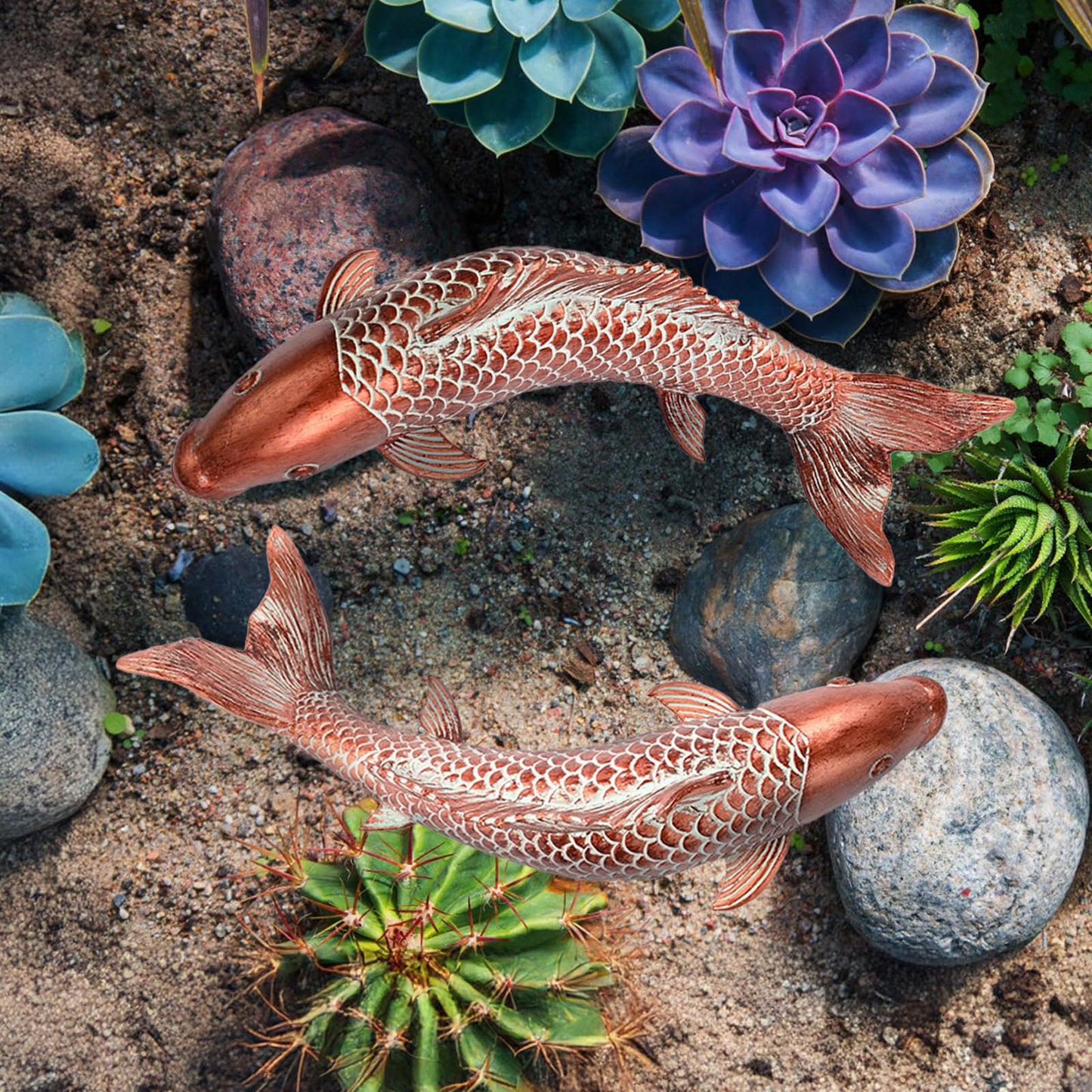 Wosuine Garden Statues Koi Fish Decor Outdoor Garden Fish Statues, Set of 2 Antique Copper Koi Art Sculptures for Patio, Backyard, Pond and Home Decor, Best Gardening Gifts for Women Mom