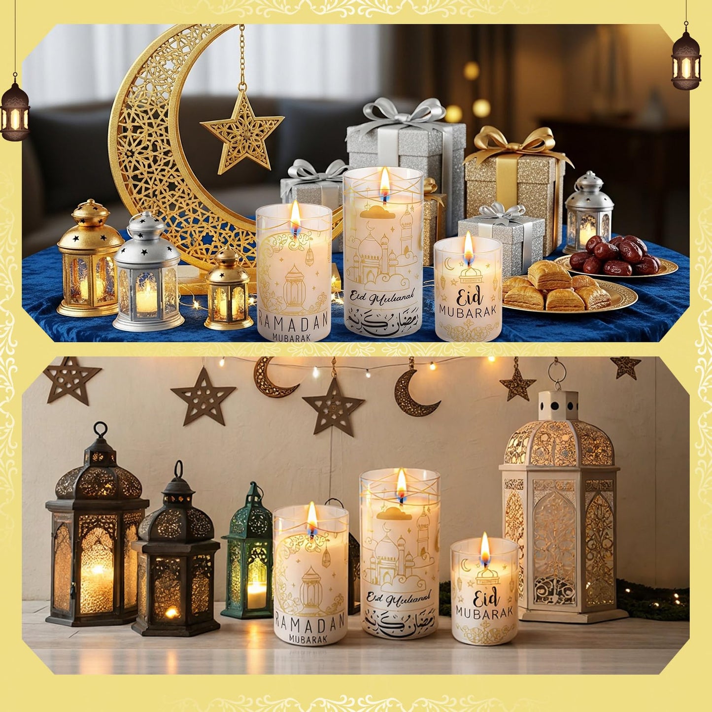 Huquary 3 Pcs Eid Mubarak Pillar Flameless Candles with Remote Ramadan Decorations Ramadan LED Flickering Candles Battery Operated Plastic Pillar Candlesticks for Eid Fit Gifts Home Decor, 3", 5", 6"