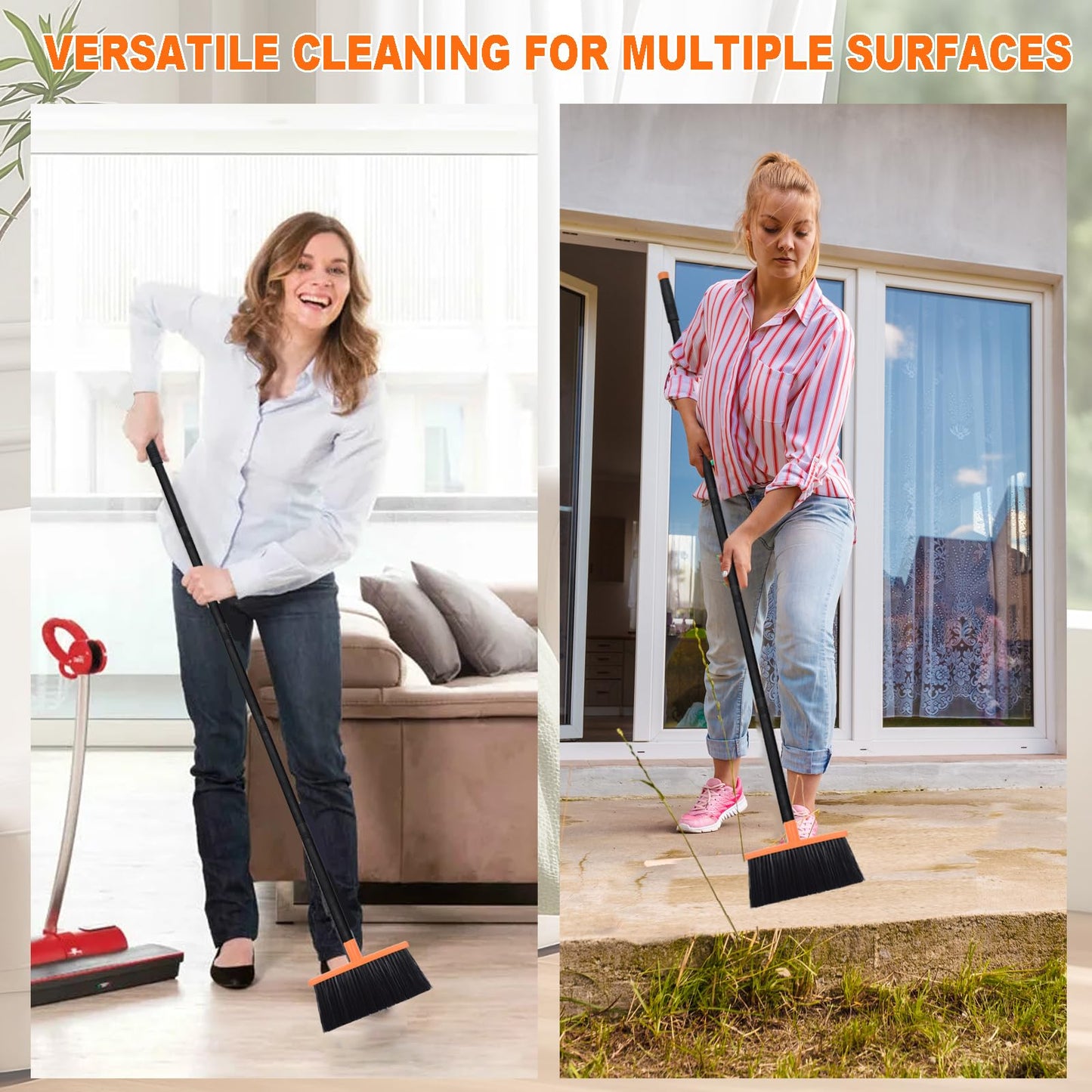 BSMstone Small Broom Stiff Bristles Brush with Long Handle Indoor or Outdoor Compact Broom for Sweeping Patio Garage Garden,Deck,Concrete Floor,Bathroom (Orange)
