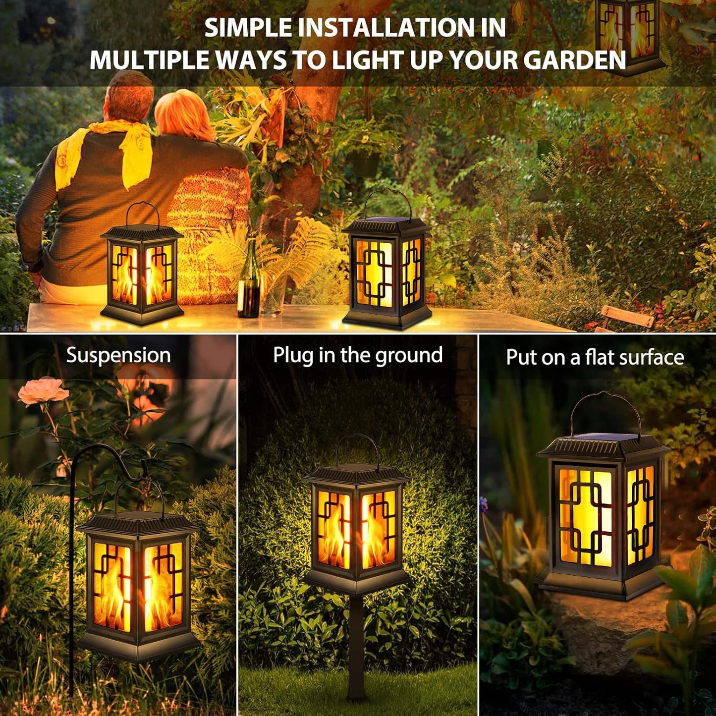 Ambaret Flickering Solar Lantern Outdoor, Waterproof Hanging Flame Solar Powered Lantern for Pathway, Tabletop, Patio, Garden Decoratives (2 Pack)