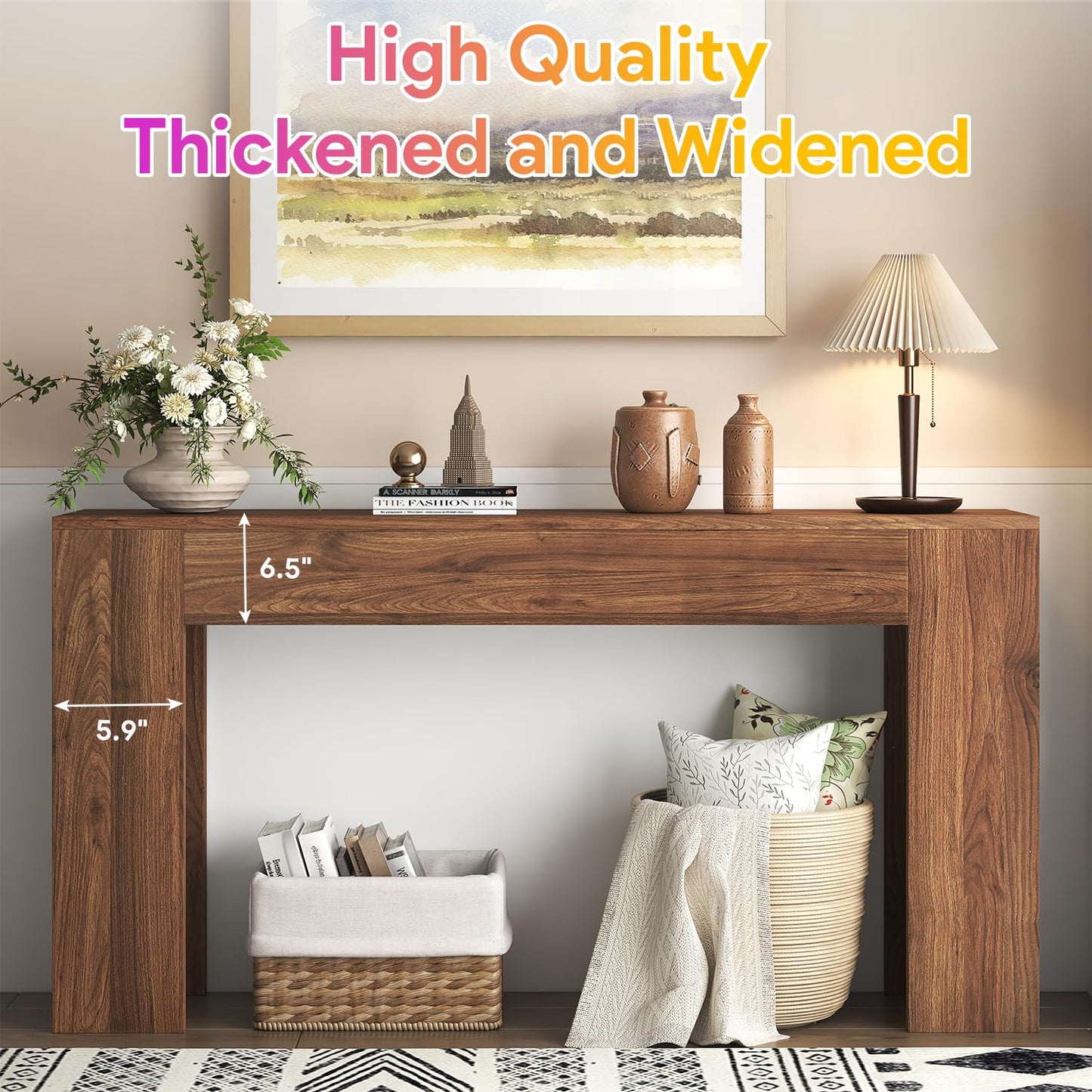 knoworld 63-Inch Long Console Table with LED Light, Farmhouse Sofa Table Behind Couch, Wooden Console Table for Entryway Hallway Entrance Living Room, Brown