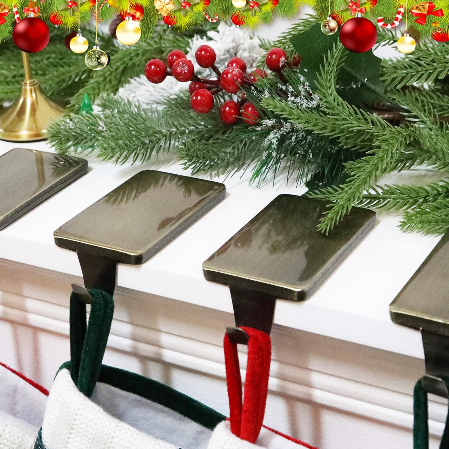 HMASYO Christmas Stocking Holders for Mantle Set of 2, Heavy Duty Cast Iron Stocking Hangers Base, Low Profile Weighted Stocking Holder Hooks for Fireplace Tabletop Shelf Christmas Decoration, Bronze
