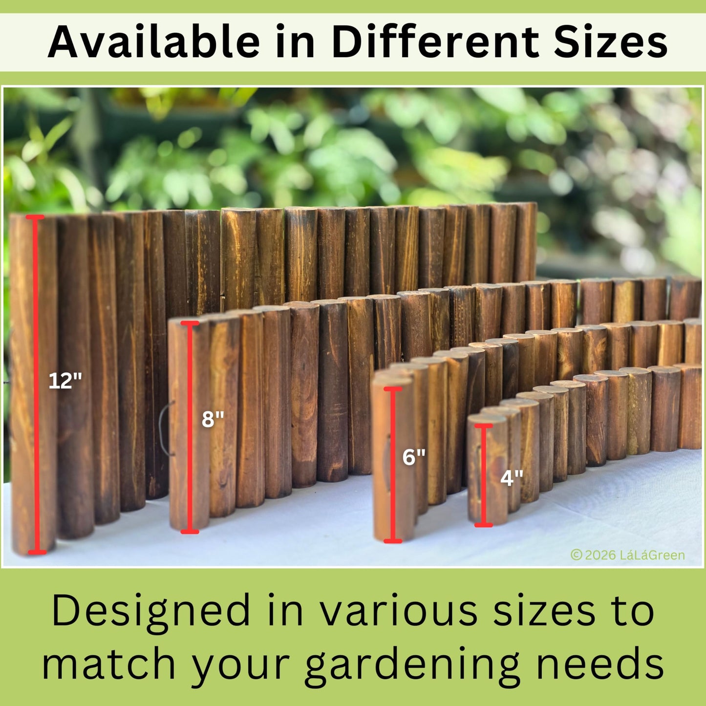 LaLaGreen Decorative Garden Edging Border (30"x6", 2 Pack) Small Brown Wooden Fence Panels with Metal Stakes, Flowers Bed Landscape Fencing for Lawn Yard Patio Pathway Outdoor Decor Tree Rings Barrier
