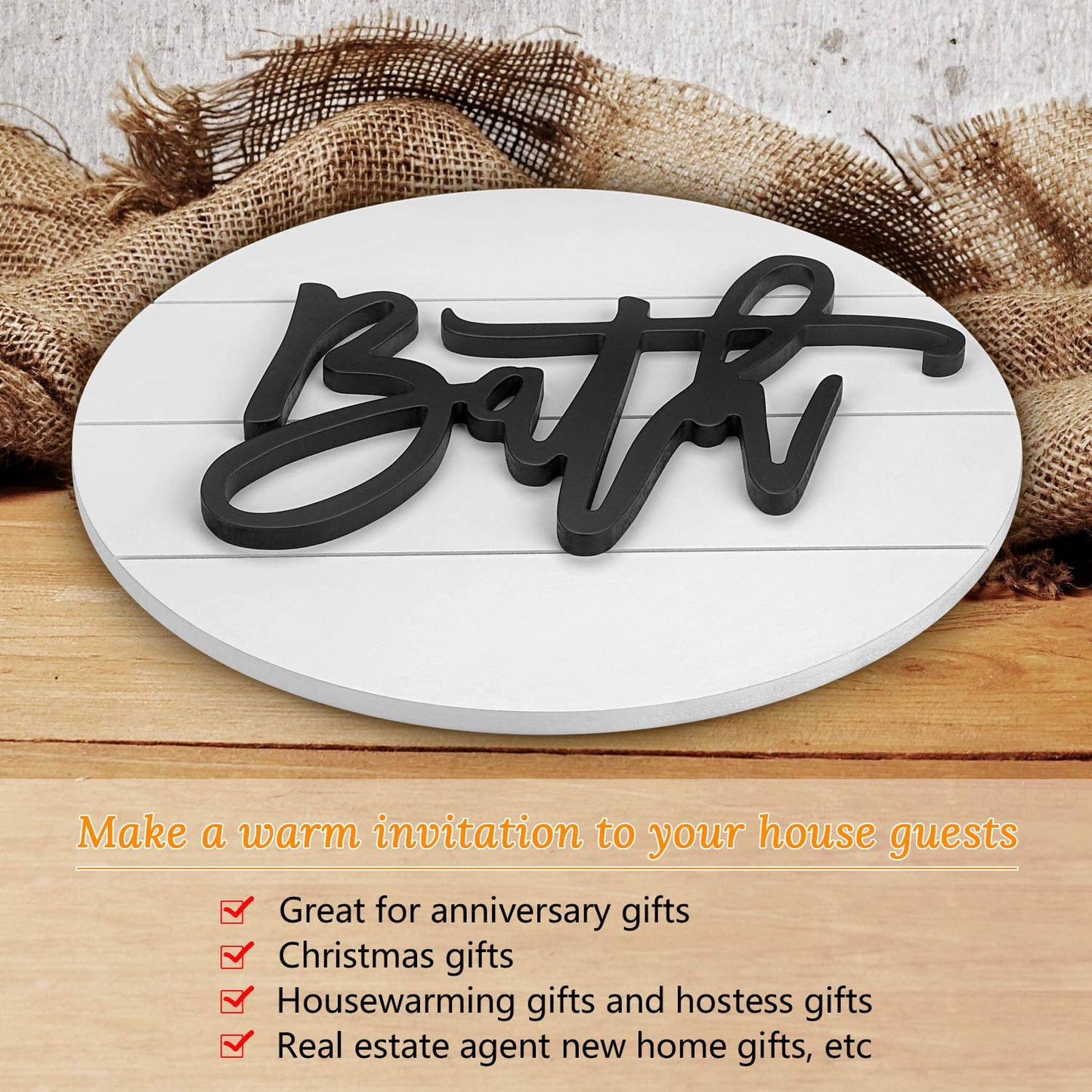 Modern Rustic 3D Bath Sign,Wooden, Handcrafted, Shiplap Farmhouse Bathroom Round Sign for Wall Hanging Décor for Home (White)
