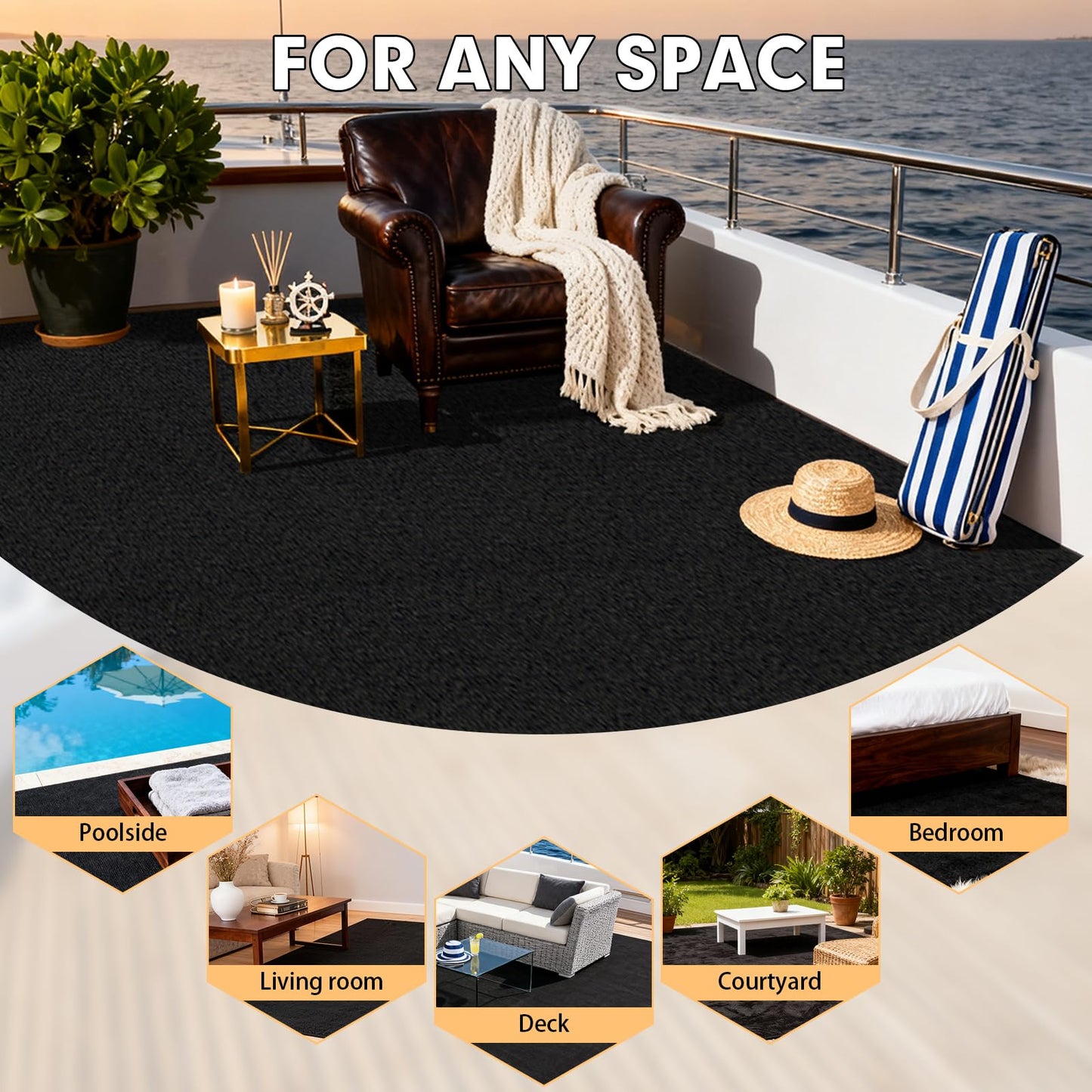 Grefinity Marine Carpet, 5 FT x 15 FT Black Indoor/Outdoor Rug 0.2" Thick TPE Backed Non-Slip Boat Carpet Roll for Home, Patio, Porch, Deck