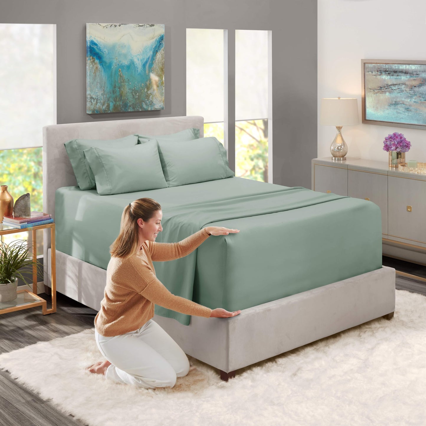 Hearth & Harbor Bed Sheets, Luxury Soft 6 Piece Bed Sheet Set Extra Deep Pocket Fitted Sheets Fits Mattress up to 21", Double Brushed Bedding Sheets & Pillowcases, Queen, Ice Green