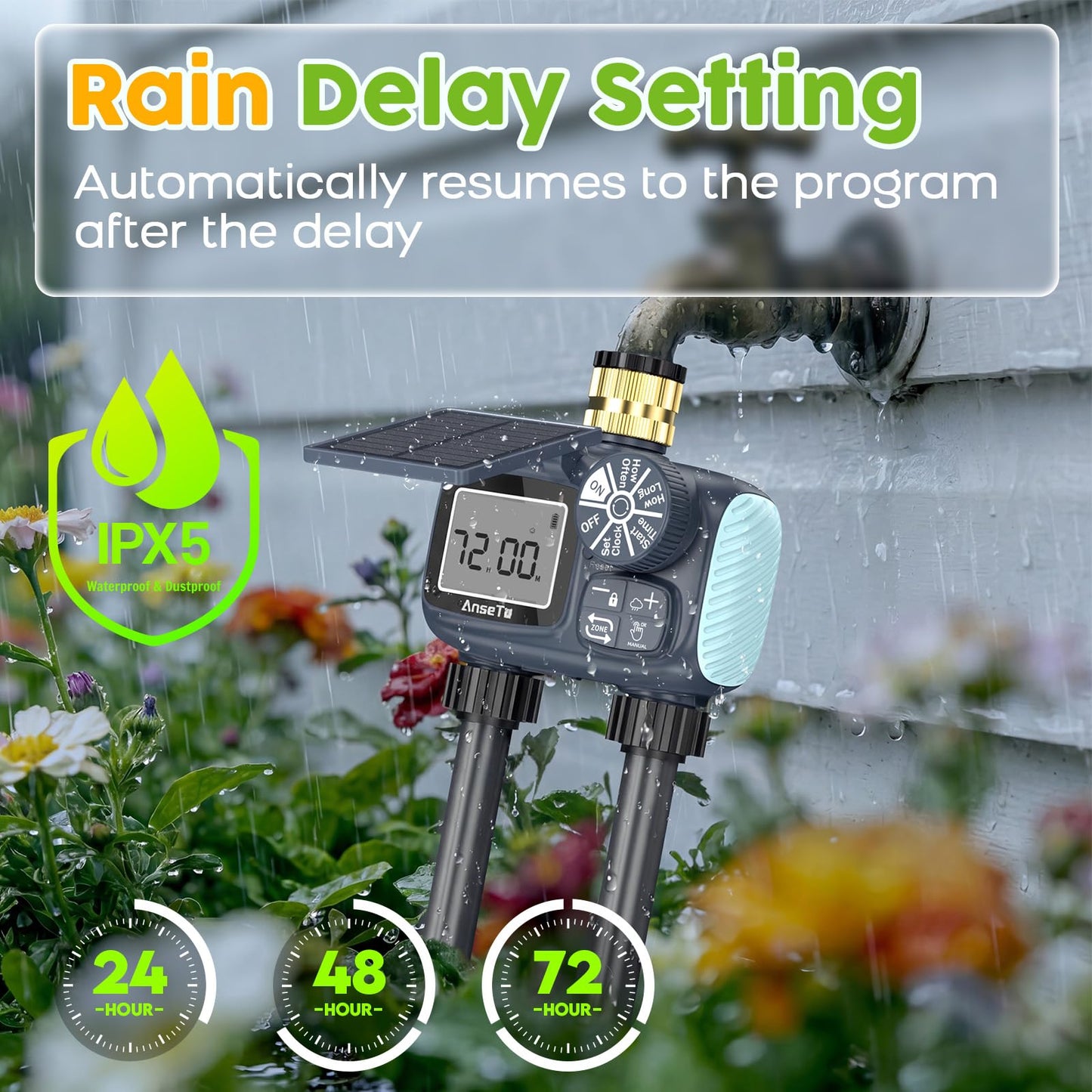 AnseTo Solar Sprinkler Timer,Brass Inlet Hose Timer for Garden Hose,Programmable Water Timers,Plant Watering Devices,Garden Watering System, Rain Delay/Manual/Automatic Irrigation System, 2 Outlet