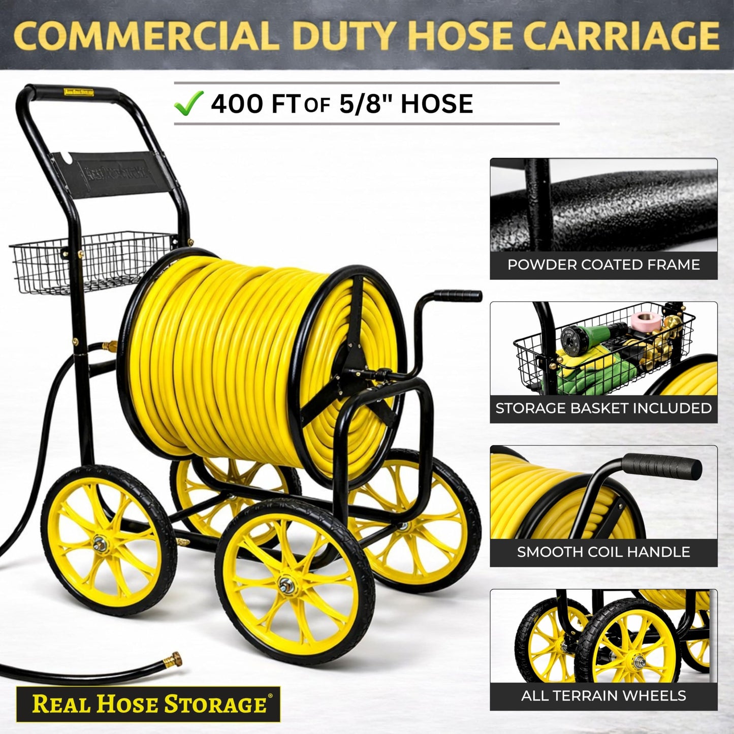 Real Hose Storage Garden Hose Reel Cart, Heavy Duty Hose Reel with Wheels, Outdoor Water Hose Reel for Backyard, Garden, or Lawn, Metal Hose Carts (400ft Hose Carriage)