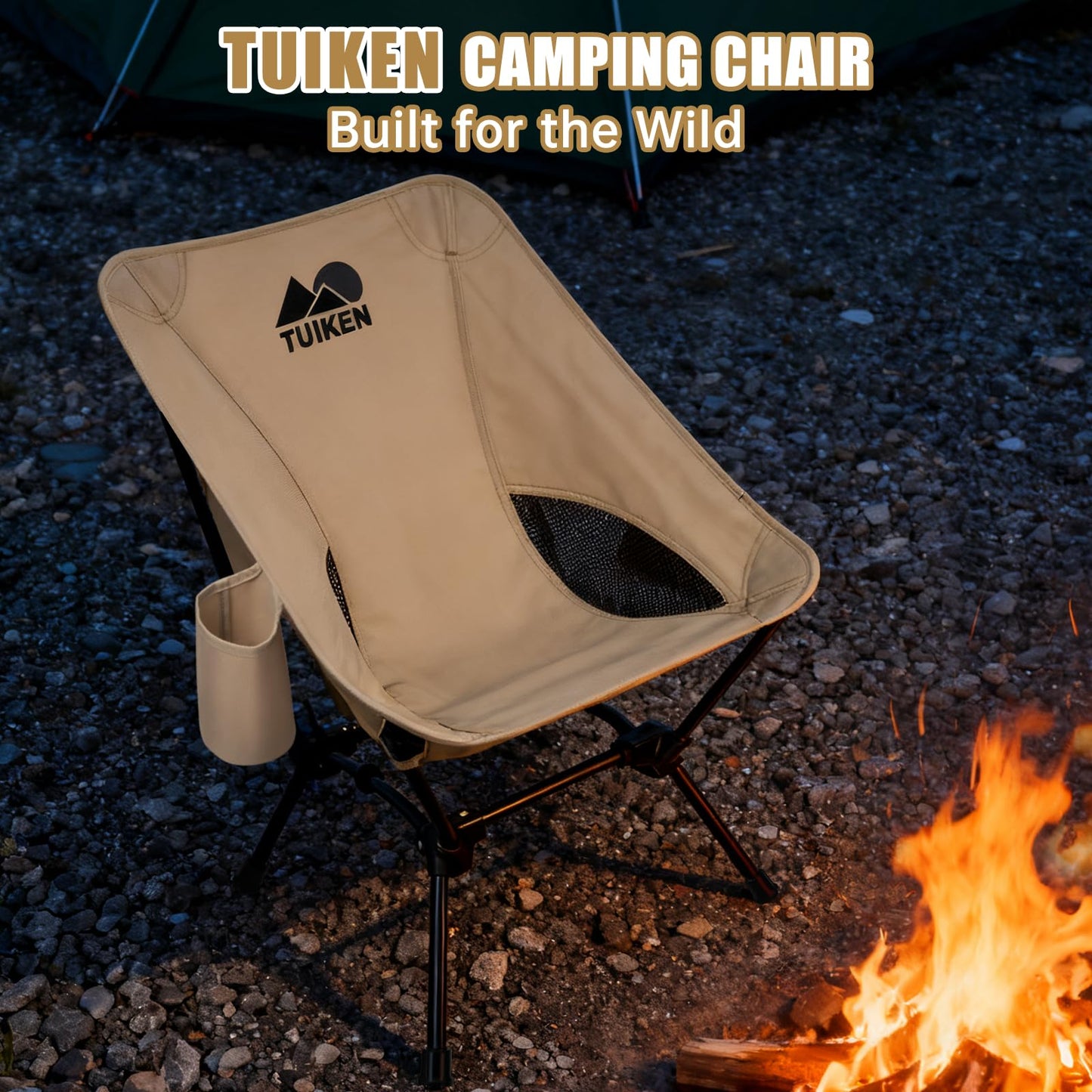 TUIKEN Ultralight Camping Chair Backpacking Chair, Portable Camp Chair with Cup Holder & Storage Bag, Lightweight Compact Folding Chair for Hiking, Travel, Picnic Mountaineering (Light Brown)