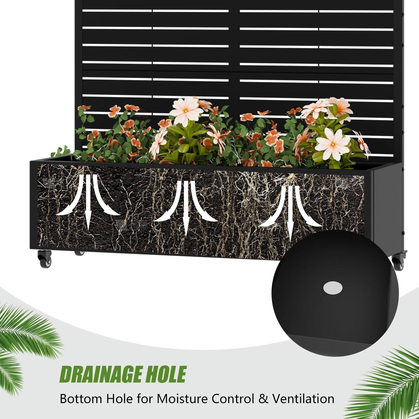 Wooakway 72" Raised Garden Bed with Trellis and Wheels, 52 Gal Metal Planter Box Privacy Screen for Outdoor Patio, Balcony and Backyard, Mobile Vertical Planter for Climbing Plants, Vines, Ivy, Black