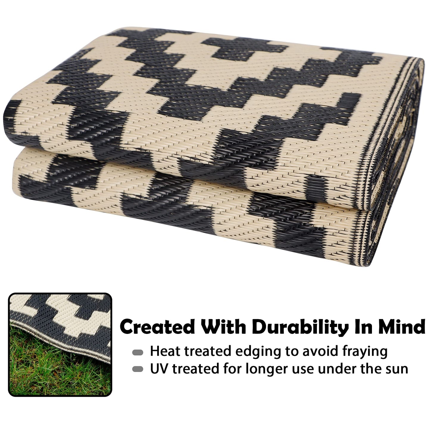 SAND MINE Waterproof Outdoor Rug 5x8 ft, Plastic Reversible Rug, Modern Area Rug, Large Floor Mat for Outdoors, RV, Patio, Backyard, Deck, Picnic, Beach, Camping, Black & Beige