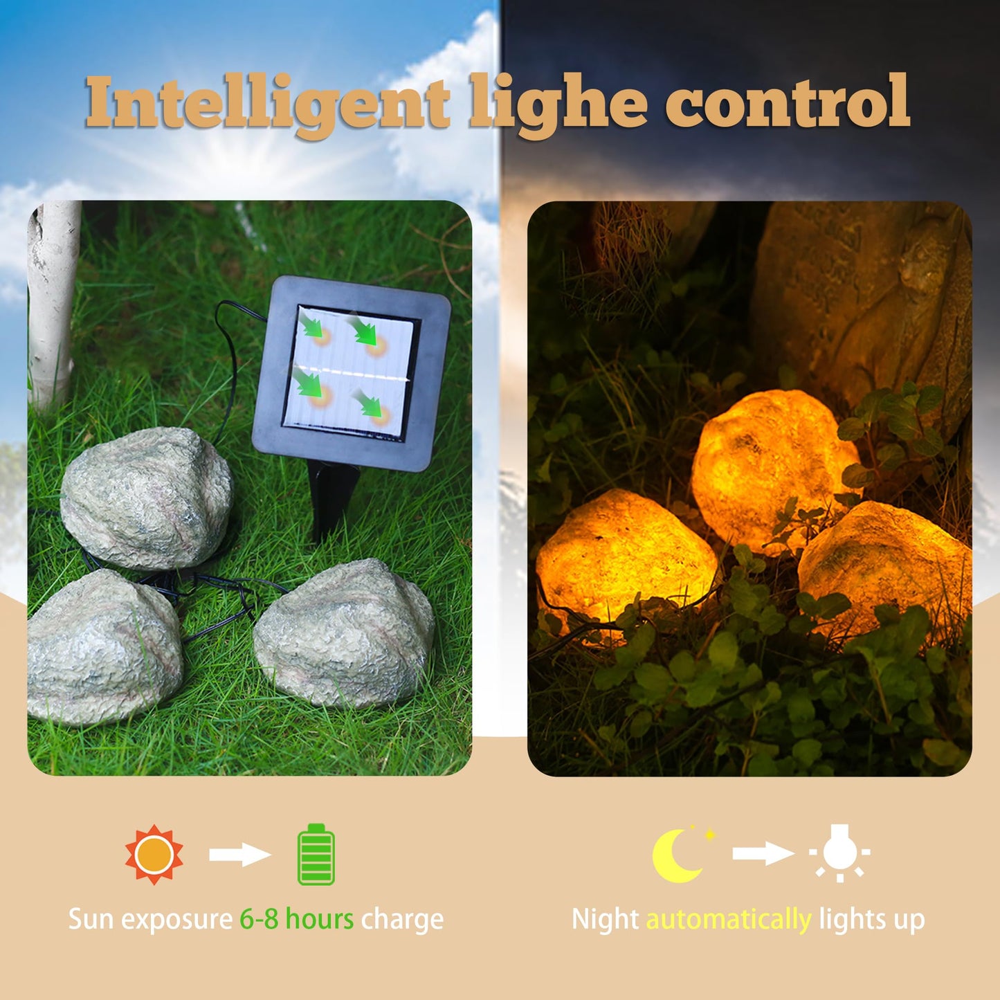 LIYAOLI Solar Rock Lights 4-Pack | Auto-Dimming & 8H Runtime | IP44 Waterproof Landscape Lighting for Garden/Pathway/Lawn Outdoor Decorative (Natural Stone Texture)