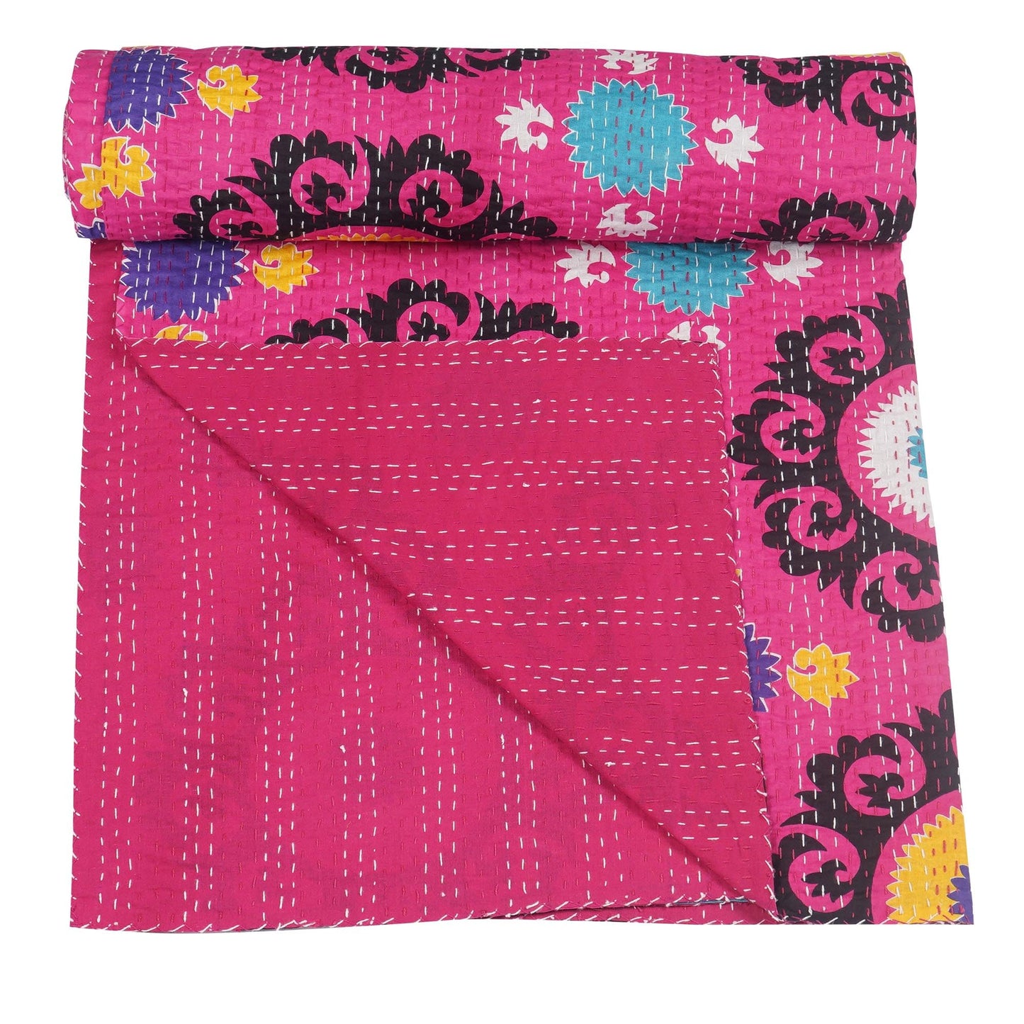 Marubhumi Indian Handmade Traditional Unique Print Kantha Quilt Indian Cotton Bedding Throw Blanket Bespread Hand Stitched with Love (Pink, Queen (90"x 108"))