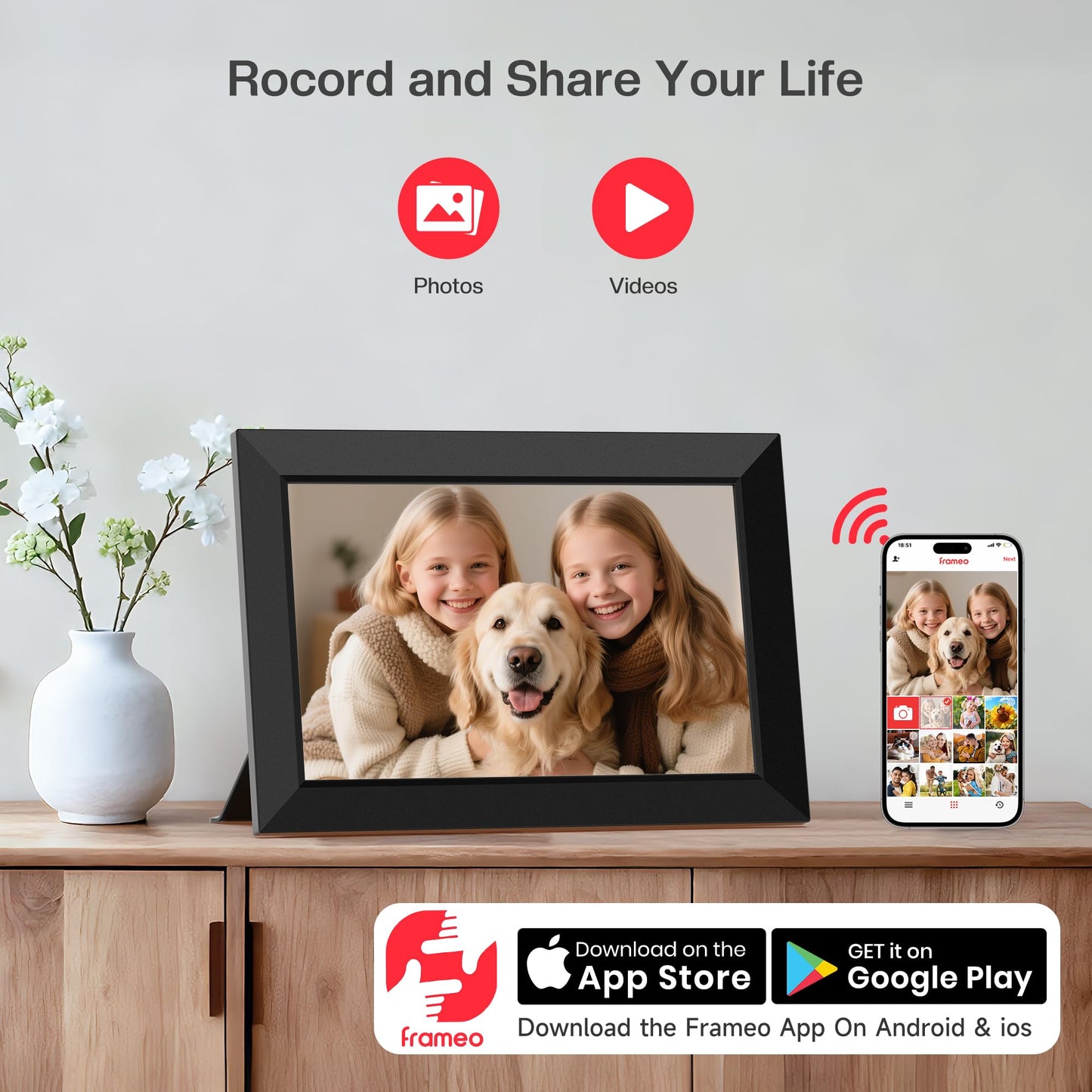 Frameo 10.1 Inch WiFi Digital Picture Frame, Smart Cloud Electronic Photo Frame with HD IPS Touch Screen Slideshow 32GB Memory Auto-Rotate Wall Mount, Share Photos/Videos from Phone - Gifts for Mom