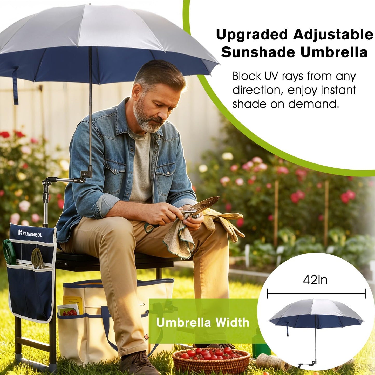 KELHOMECL Garden Kneeler and Seat with Umbrella, 2-in-1 Foldable Gardening Stool with Adjustable Bracket, Detachable Tool Bags, Heavy Duty Kneeling Pad for Gardening (Beige Blue)