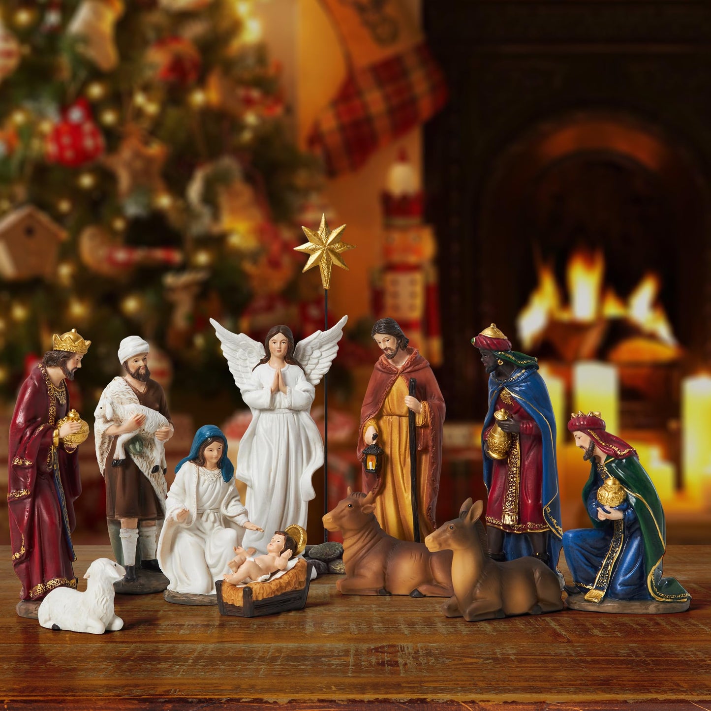 BESBLEE Nativity Sets for Christmas Indoor Set of 13 Pieces 5.9 Inches Tabletop Classic Nativity Scene Resin Figurines Set Religious Decorations Collection Gifts fot All Holidays Home Decor