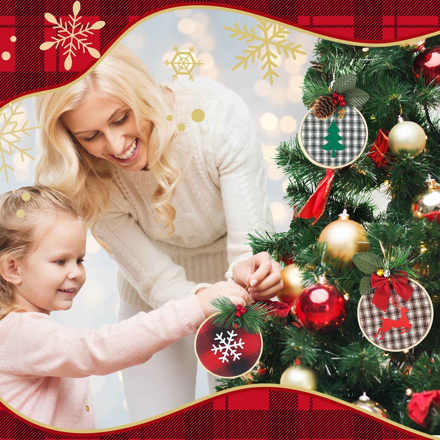 Ecoofor 8 Pack DIY Christmas Ornaments Craft Kit, Christmas Ornaments Kits with Plaid Fabric Bamboo Hoops Pinecones Berries and Other Accessories, Perfect for Christmas Crafts and Holiday Decorations