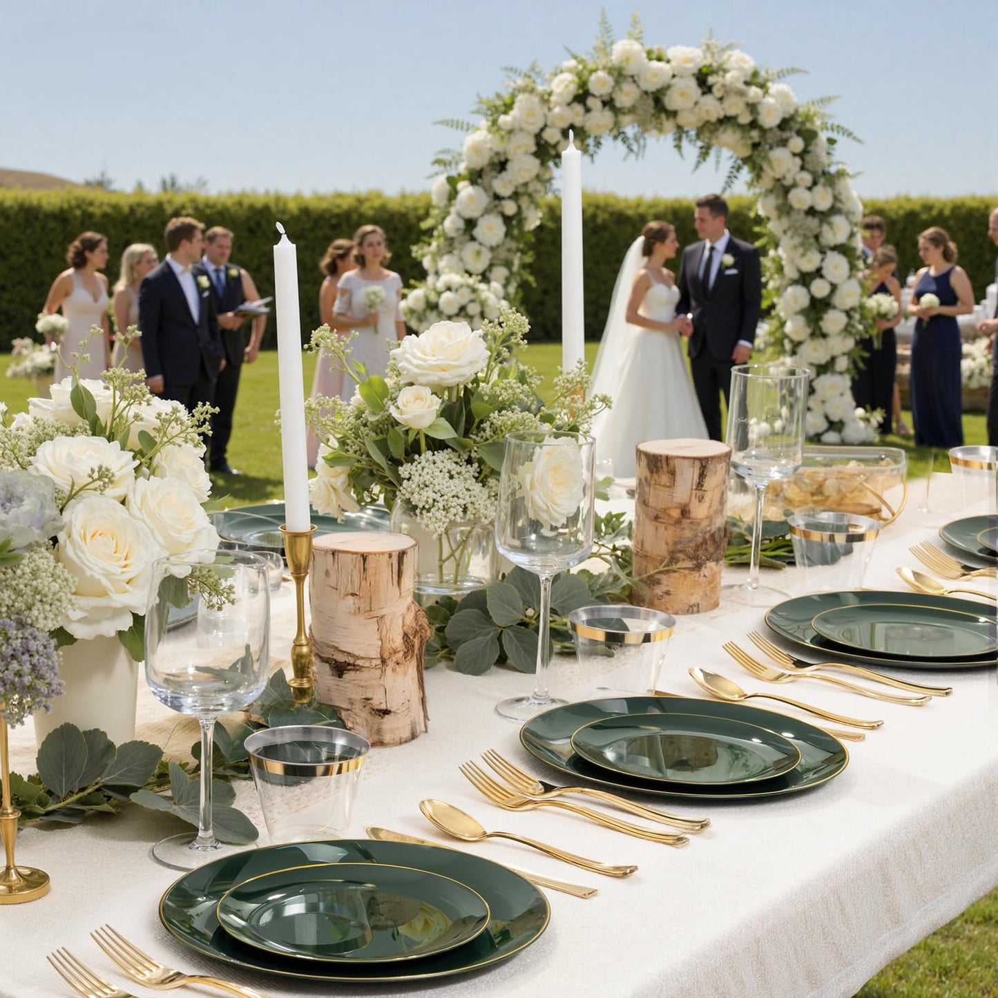 WDF 300Pcs Green Plates Disposable - Heavy Duty Green Plates - 50Guest Green Plastic Dinnerware Include 50 Dinner Plate, 50 Dessert Plate, 150 Cutlery & 50 9oz Cups for Parties/Wedding/Party