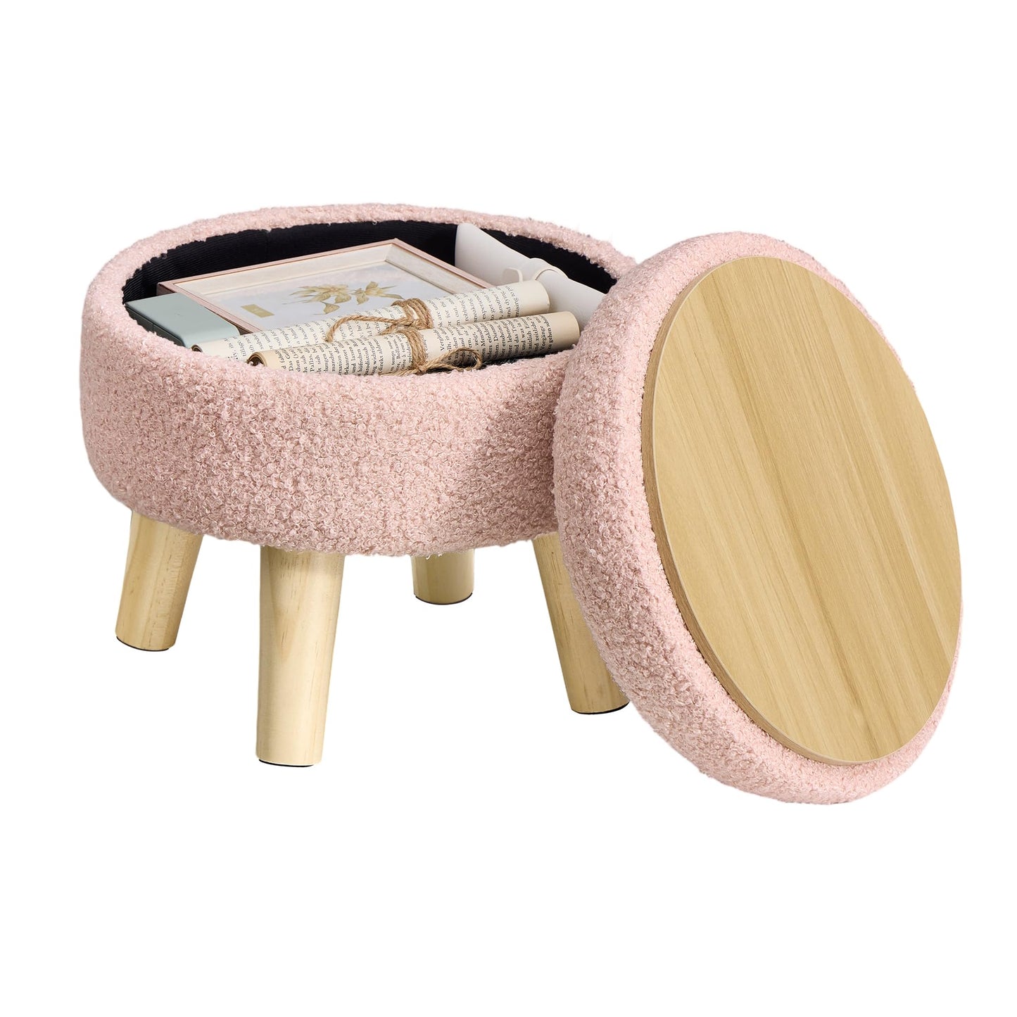 SONGMICS Storage Ottoman, Foot Stool, Round Ottoman with Padded Seat, Foot Rest with Wood Legs, Small Table, for Hallway, Living Room, 12.2 Inches, Teddy Fleece, Jelly Pink ULOM515SA01
