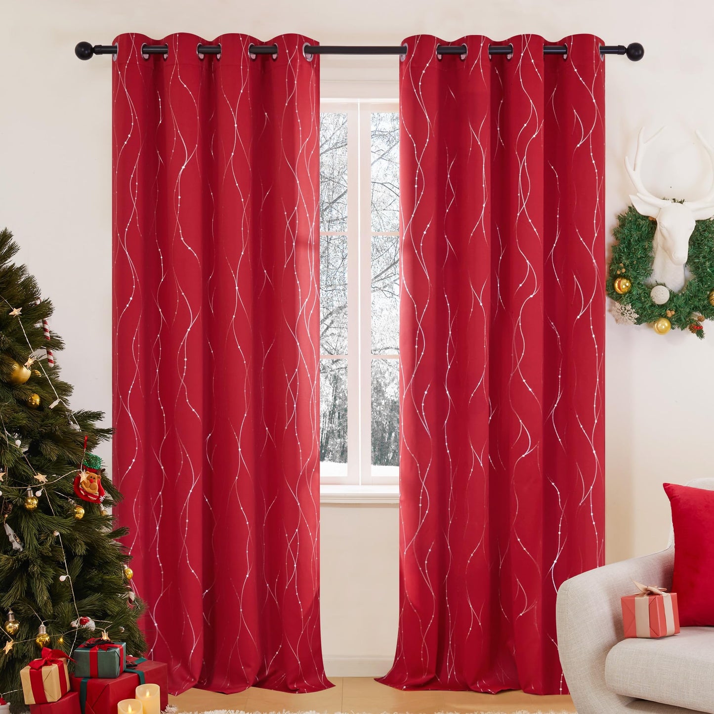 Deconovo Christmas Curtains, Red Curtain, Blackout Drapes, Thermal Insulated Noise‑Reduced Drape, Wave Line Dots Foil Print, 52 x 84 Inch, 2 Panels, Machine‑Washable Window Panel for Party Living Room