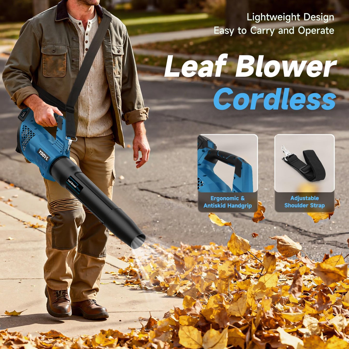 Leaf Blower Cordless, 650CFM Electric Leaf Blowers with 2 x 5.2Ah Batteries and Charger, 3 Speed Modes, 1 x Adjustable Shoulder Strap, Powerful Blowers for Lawn Care, Patio, Dust, Blowing Leaves