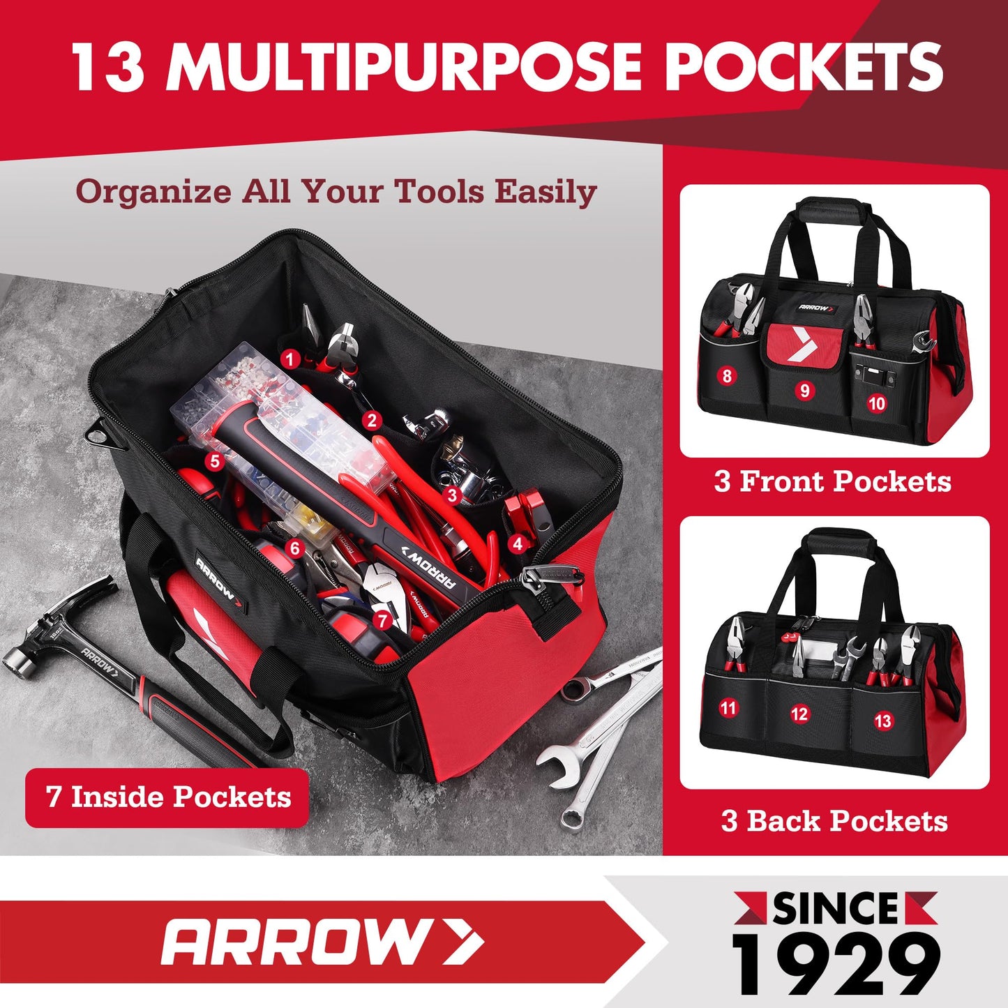 ARROW 16" Tool Bag Organizer with Anti-Slip Feet, Tool Bags for Men Heavy Duty, Wide Open Mouth, Large Capacity with 13 Pockets, Portable Toolbag for Electrician Mechanic Plumber HVAC