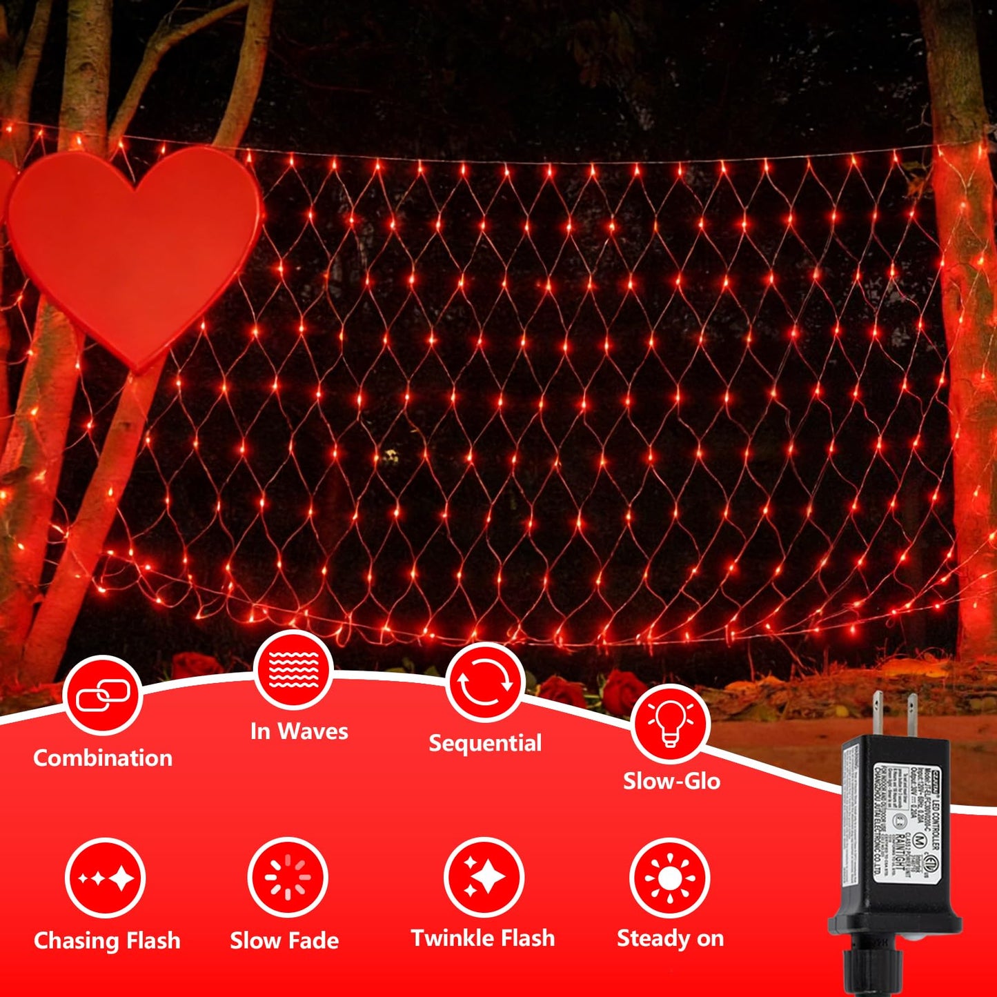 YEGUO Net Lights Outdoor Mesh Lights, 12ft x 5ft 360 LED Red Valentine‘s Day Light Outdoor Waterproof, 8 Modes Connectable Clear Wire Christmas Bush Light Plug in