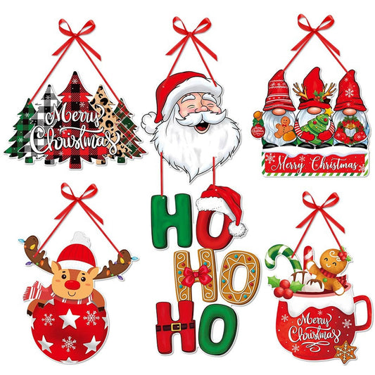 5Pcs Set Merry Christmas Door Hangers Front Porch Signs with Santa Snowman Tree Socks for Wall Hanging, Indoor Outdoor Home Decor, Red Green Party Decorations for Christmas