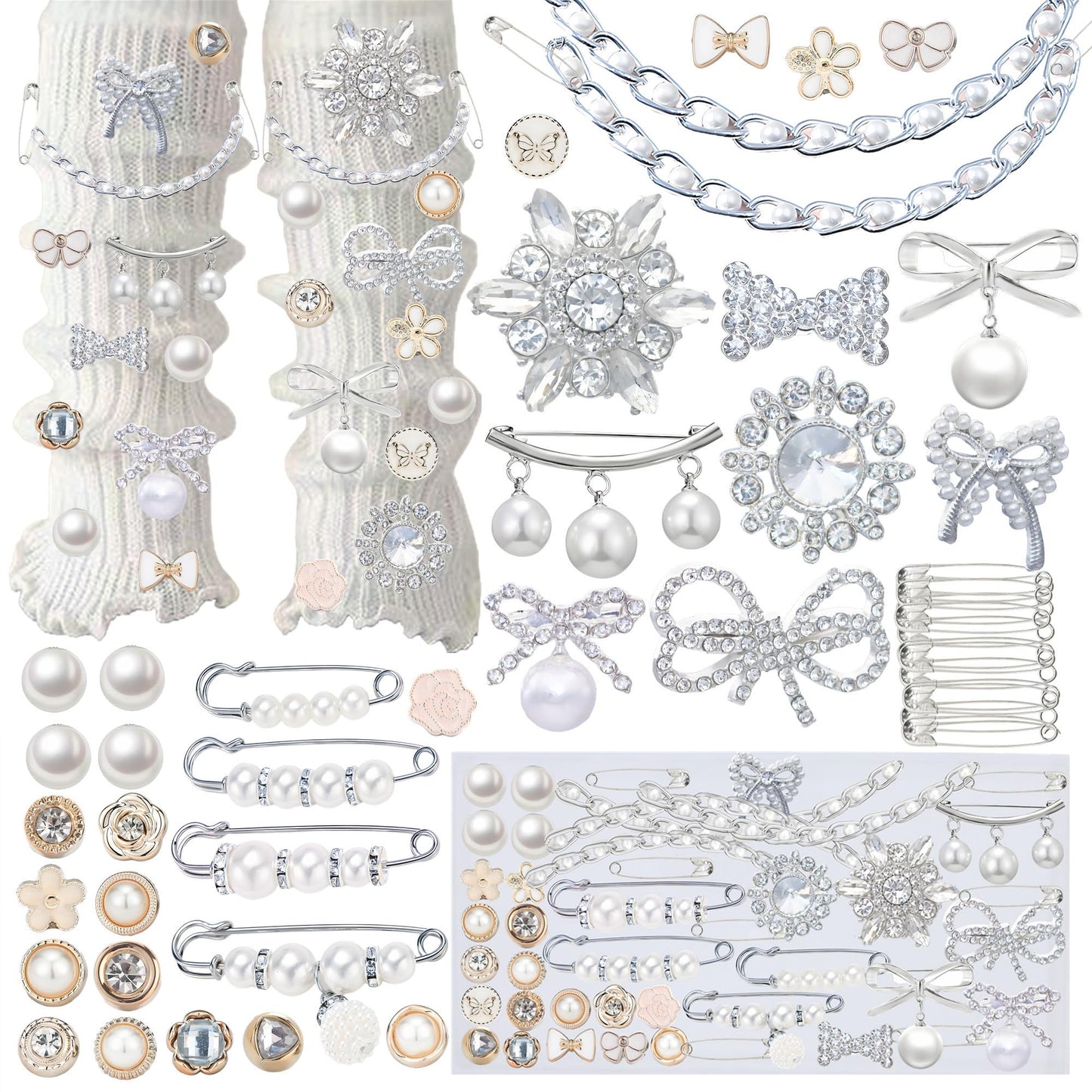 54PCS Junk Socks Charms Kit, Shoe Charms for Sneakers Girls,Silver Brooches and Pins for Women, Pearl and Rhinestone Sock Charm with Safety Pins, DIY Accessories for Decorating and Personalizing Socks