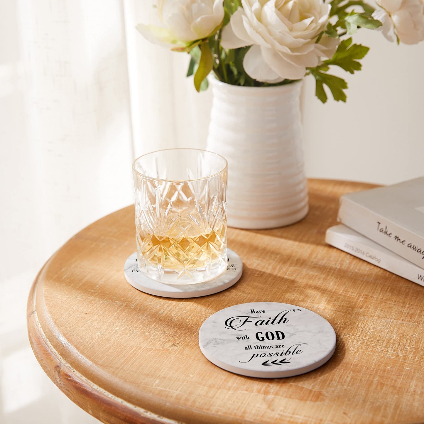 Hoomey Coasters for Drinks with Bible Verses, Set of 6 Absorbent Drinks Coasters with Holder Ceramic Drink Coaster with Cork Backing for Table Protection, Christian Coasters, Christian Gifts