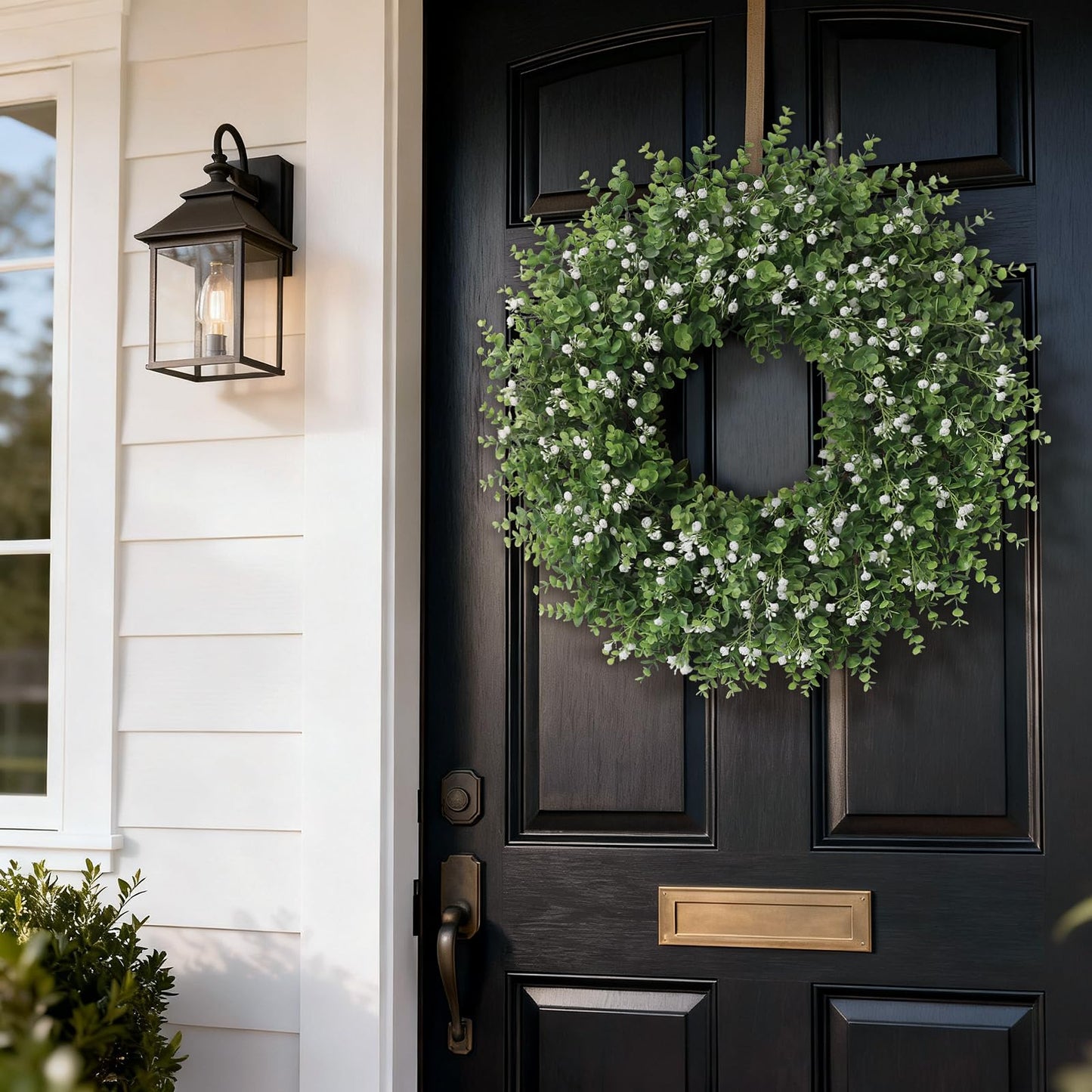 26" Artificial Eucalyptus Wreath with Baby's Breath for Front Door - Faux Eucalyptus Leaves, Fake Spring/Summer Greenery Flowers Wreath for Porch, Farmhouse, Wall, Window Outdoor Decor(White-Green)