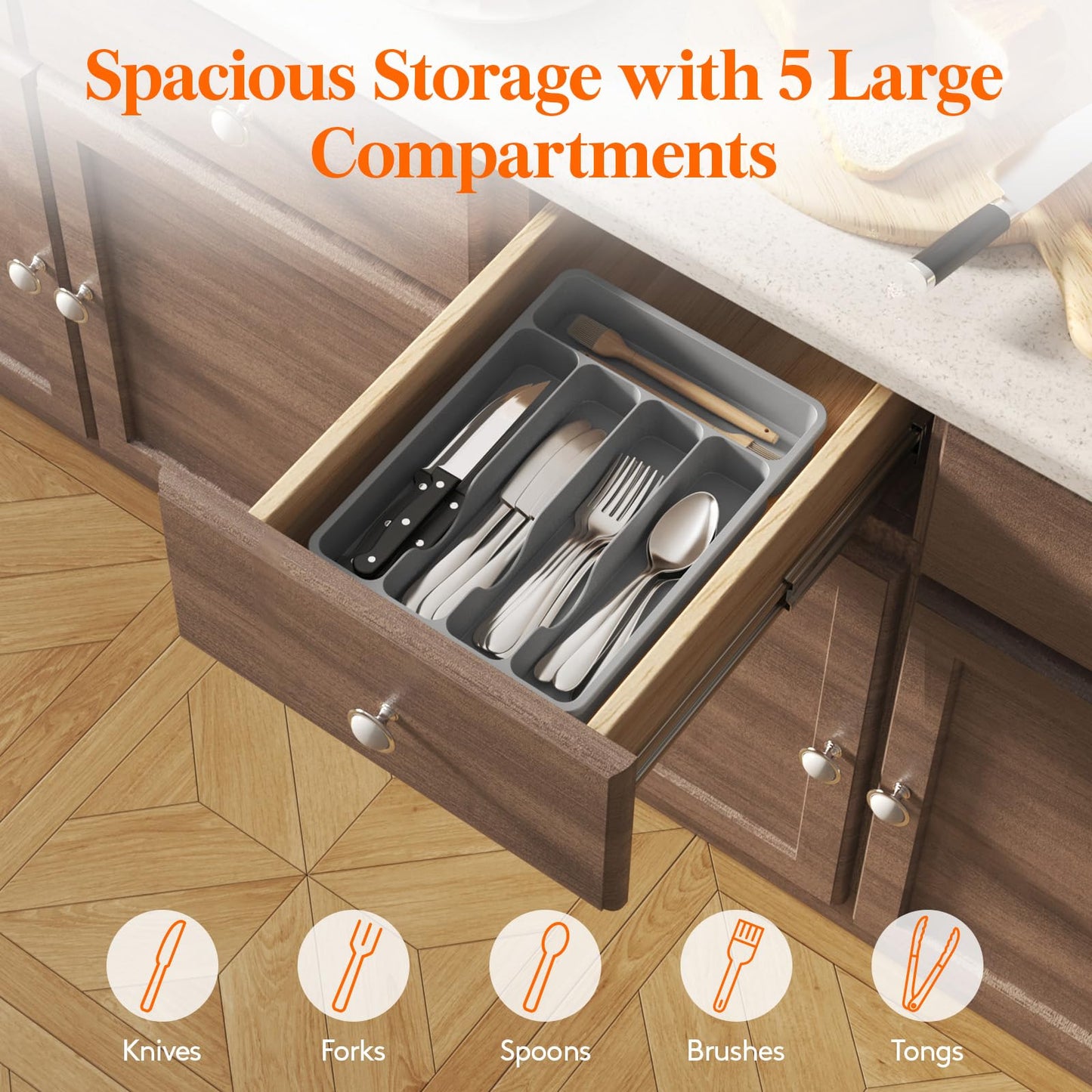 Lifewit Silverware Drawer Organizer Tray, Plastic Cutlery Storage for Kitchen, Flatware and Utensil Holder Divider for Spoons Forks Knives Tableware, 9.1 x 12.6", 5 Slots, Gray