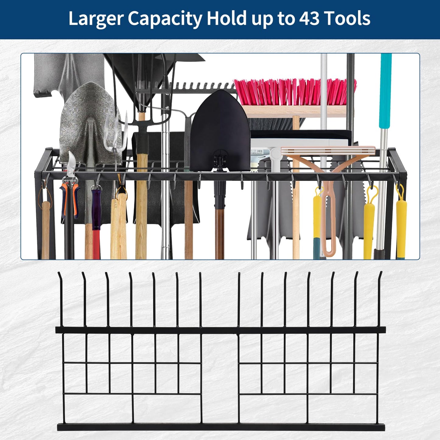 Garden Tool Organizer 2 Tier Yard Storage Rack With14 Hooks,Heavy Duty Holder With 43 Long-Handled Slots,Freestanding Tool Organizers and Storage for Yard Shed and Lawn