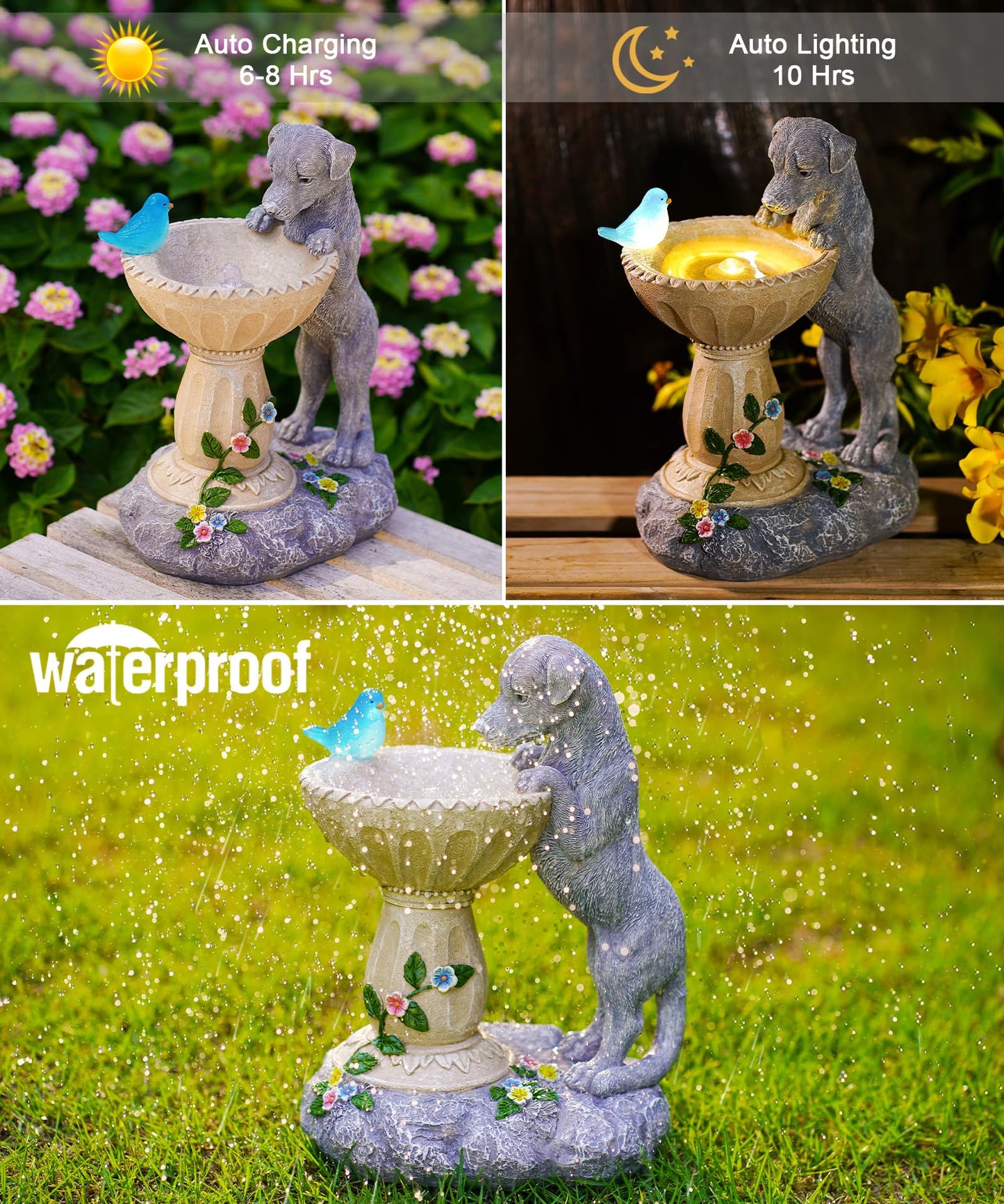 Nacome Solar Dog Garden Statues: Weatherproof Resin Decor with Automatic Lighting - Outdoor Yard Lawn Patio Balcony Art - Gifts for Mom Grandma Women Bird Lovers