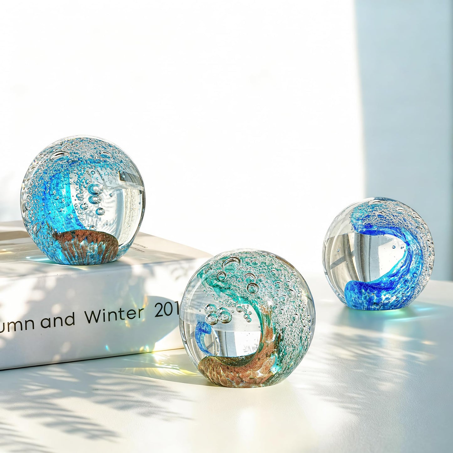 Hand Blown Glass Ocean Wave Ball, 2.3" Blue Sea Wave Crystal Figurine Paperweight, Decorative Glass Sphere Ornament for Home Office, Nautical Decor Collectible, Birthday Gift for Ocean Lovers