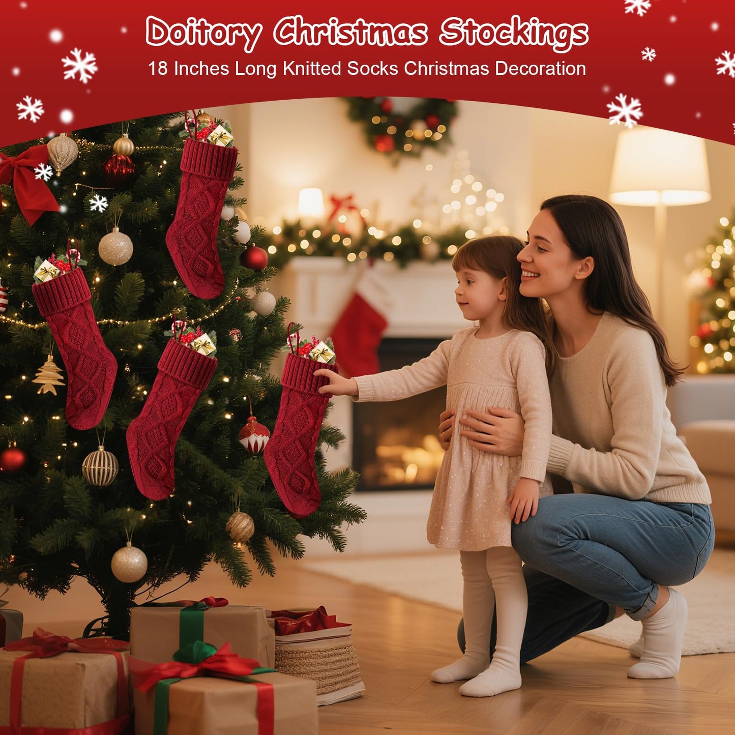 Doitory Christmas Stockings 18 Inches,Long Knitted Socks Christmas Decoration Hanging Stocking Fireplace Xmas Tree Stocking for Home Family（6P-red）