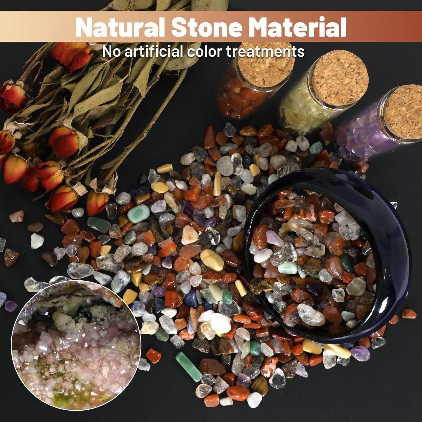1.1lb Natural Mixed Crystal Chips Stones- Crushed Healing Crystal Gemstones for Witchcraft, Decorative Rocks for Aquarium Fish Tank, Vase Filler, DIY Crafts, Beautiful Package for Gift.