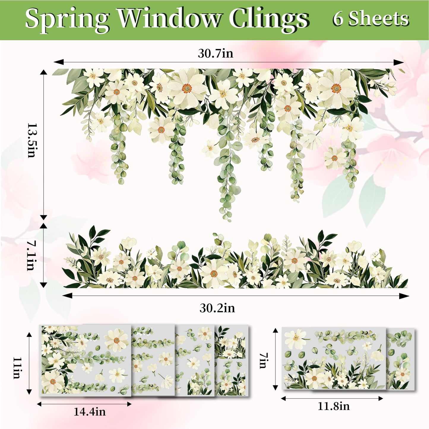 Daisy Spring Flowers Window Clings Eucalyptus Leaves Window Decals Hanging Vine Floral Leaf Double-Sided Reusable for Home School Office Decor Party Supplies,6 Sheets