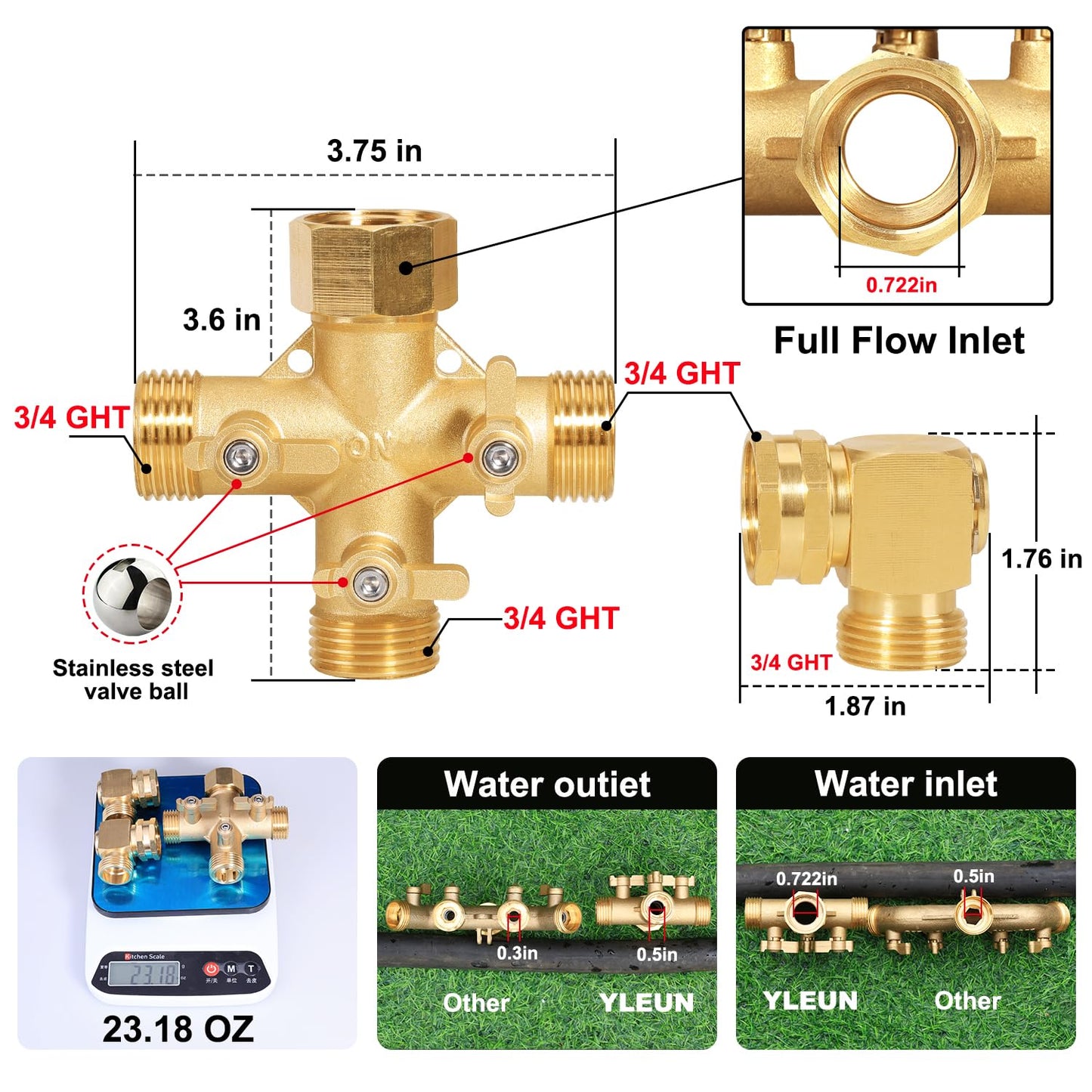 YELUN Garden Hose Splitter High Flow Splitter with Swivel elbow Connect Brass Hose Splitter with Shut Off Valves 3 way Hose Bib Adapter (with Swivel elbow)