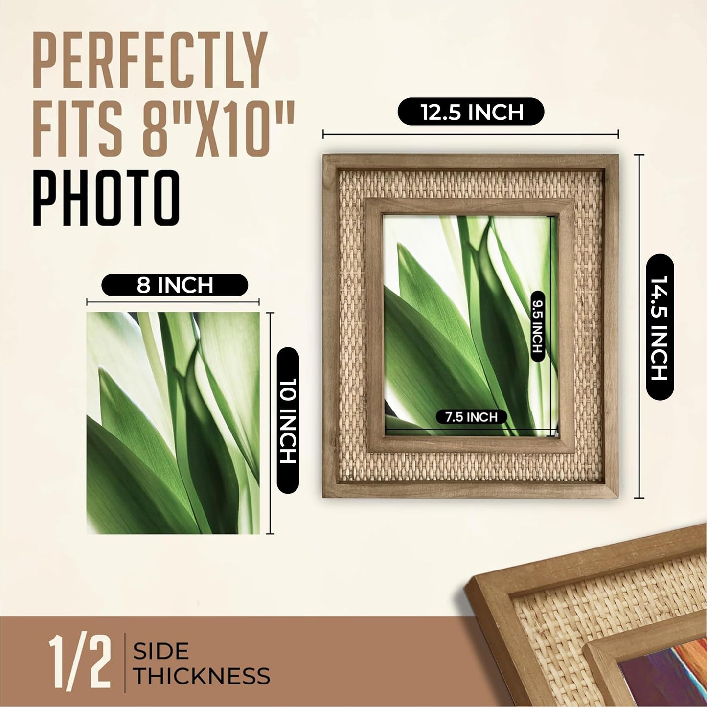 Fairwood Way Rattan Frame for 8x10 Photos, EACH UNIQUE Natural Fir Wood, Handwoven Rattan Mat, Boho Picture Frame, 8x10 picture frame for Wall/Table Mount (12.5" x 14.5" Outer), Coastal Decor