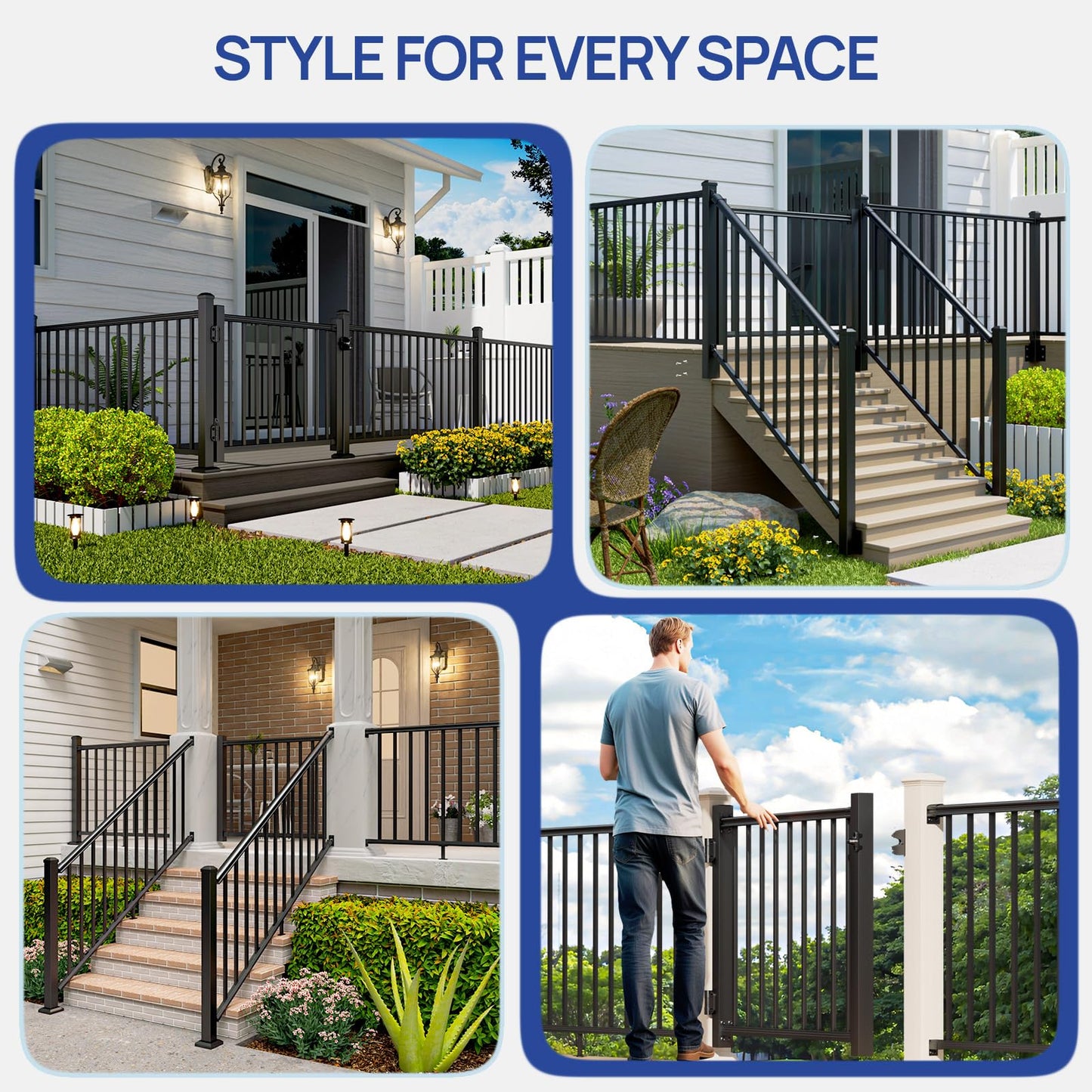 Egadis 4 ft. W Aluminum Deck Gate Kit for 36in. H Railing, Cuttable Black Textured AAMA2604 Powder-Coat Finish Outdoor Gate Kit with Latch and Auto-Closing Hinge for Deck, Patio, Garden, Yard, Porch