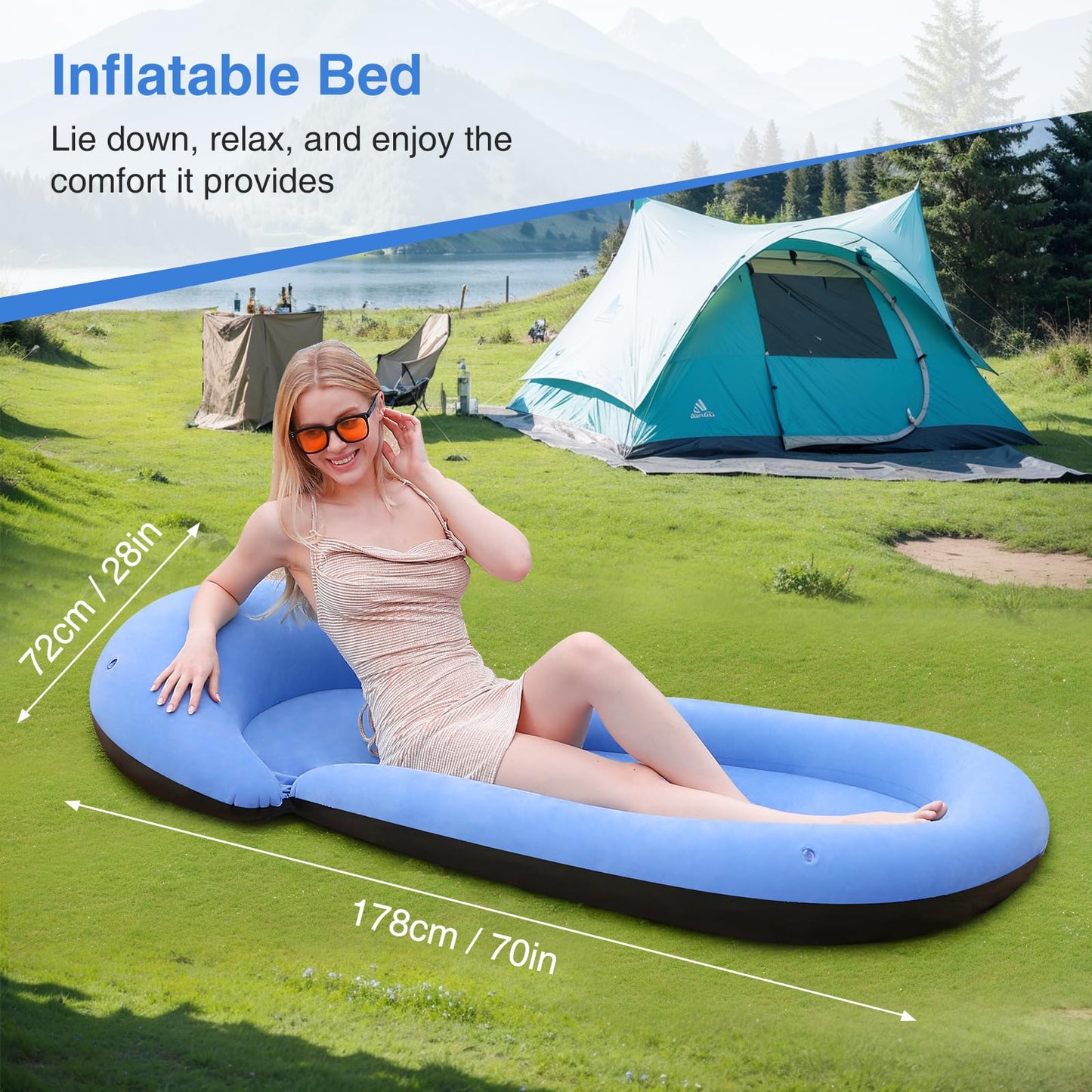 ROUSKY Inflatable Beach Mat, 70 x 29 Inch, Flocked Surface, Pillow Surround (Blue)