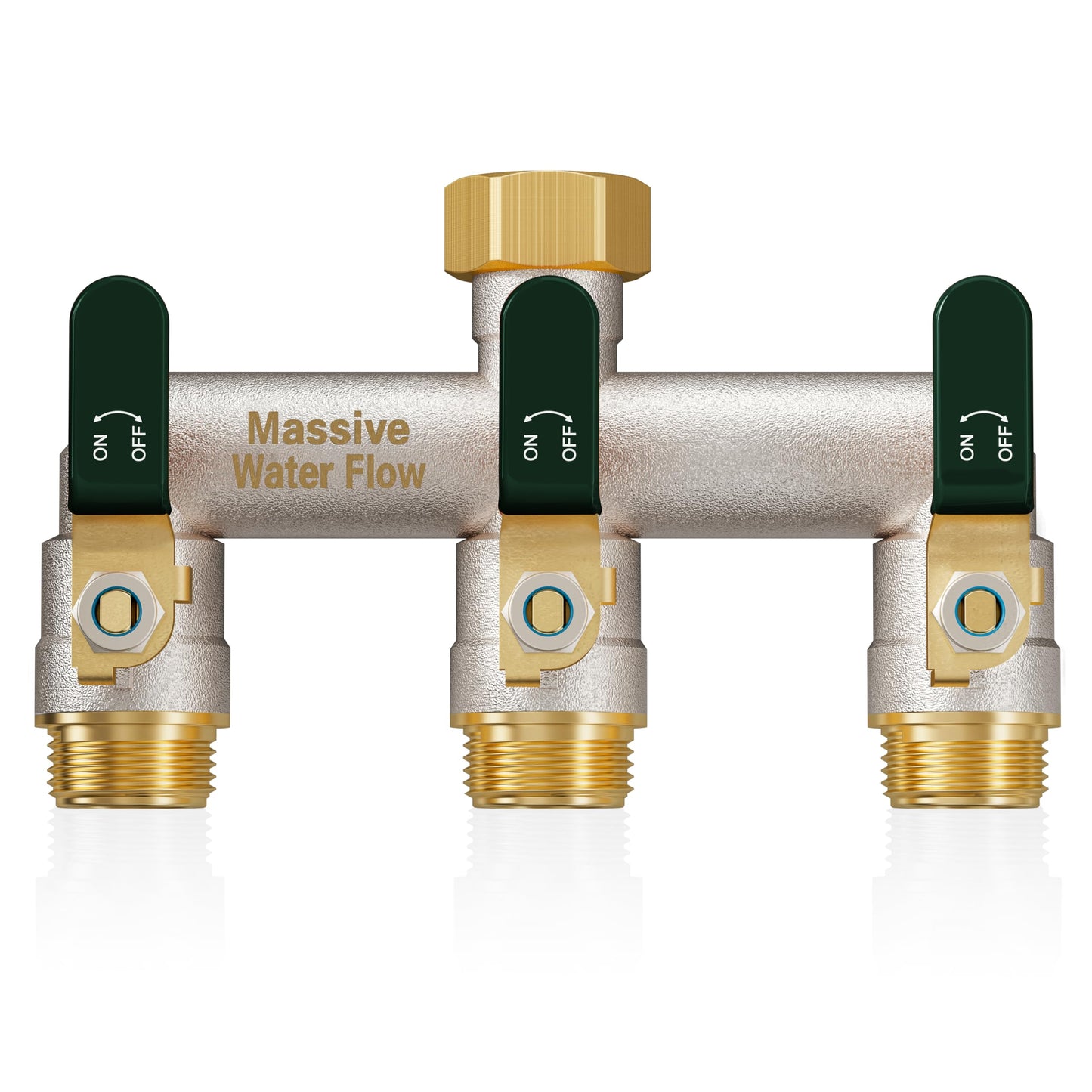 Garden Hose Splitter 3 Way Heavy Duty Brass Nickel Plated Hose Splitter with Large Handle, Full Flow Water Hose Spigot Splitter with Shutoff Valve, T Adapter Connector, 3/4 - Inch GHT Thread（Green）