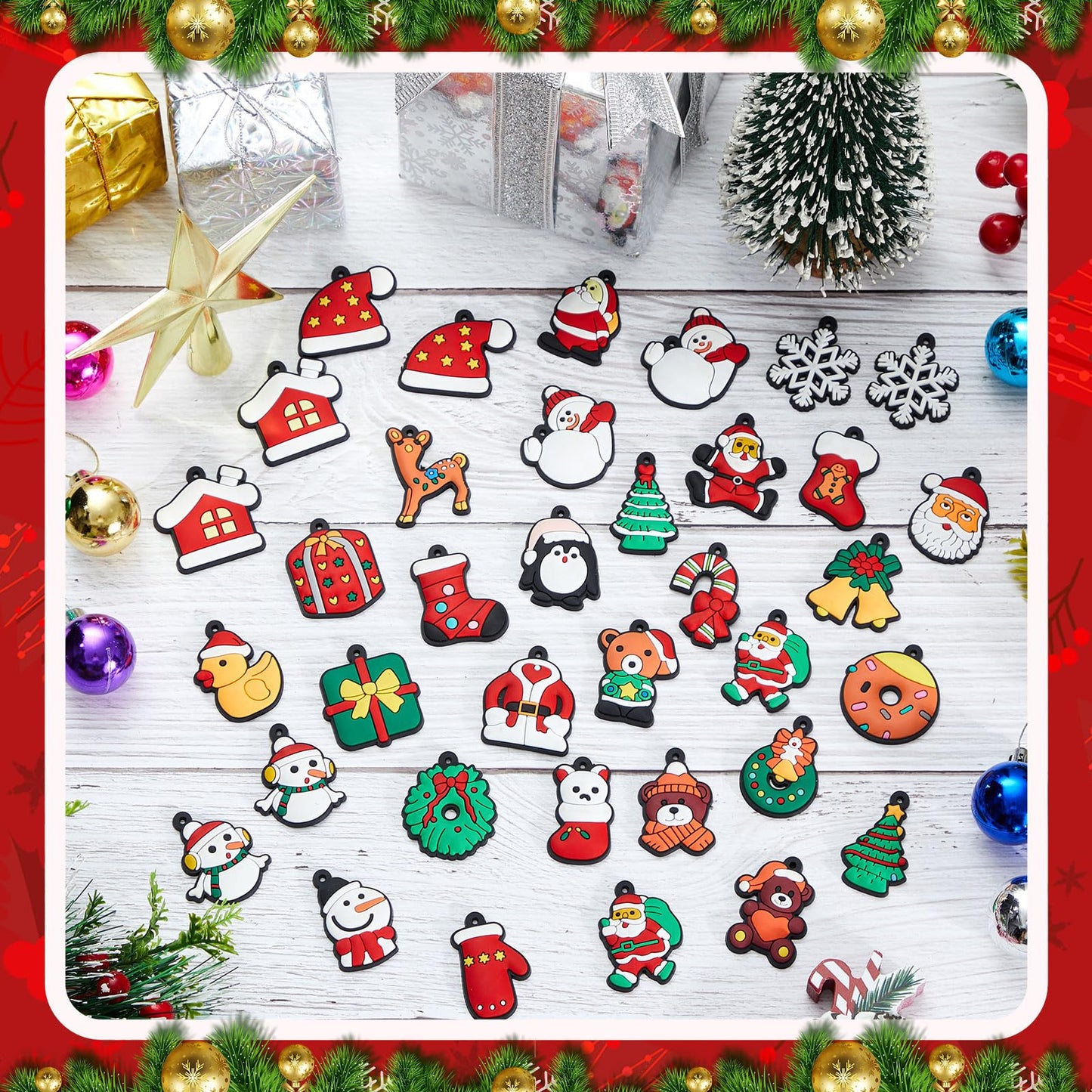 Syhood 63 Pcs Mini Christmas Tree Ornaments Set Decoration Gadget Small Skirt Star Topper Miniature Hanging Ornament with Light for Holiday Xmas