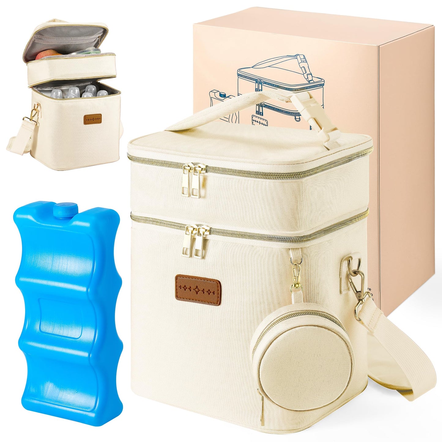 Breast Milk Cooler Bag with Ice Pack, Breastmilk Cooler Travel Bag Fits 6 Bottles up to 9 oz, Double Layer Insulated Baby Bottle Cooler & Breast Pump Storage Bag for Working Nursing Moms, Beige
