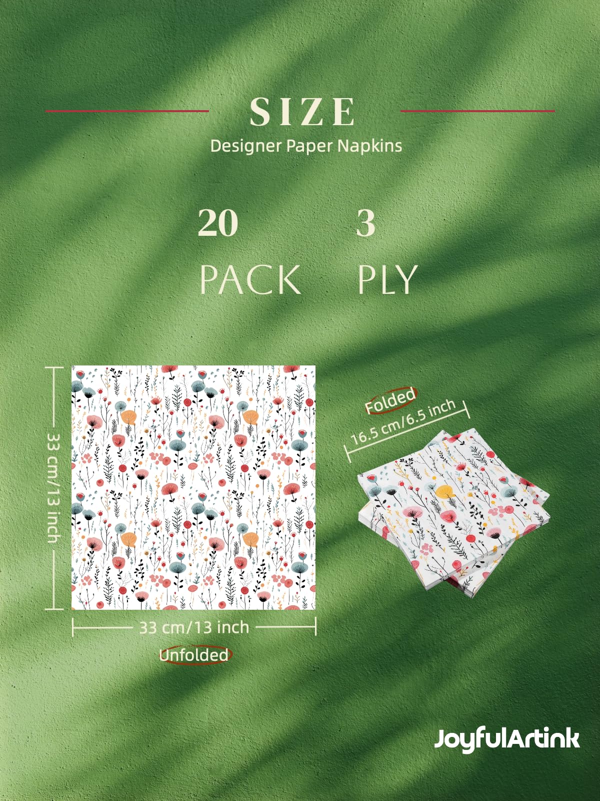 JoyfulArtink Premium Designer Paper Napkins, 3-Ply 6.5 x 6.5-inches Fold Disposable Decorative Lunch Dinner Napkin (01-1.Fresh Bouquet Floral 20-Count, 6.5"x6.5",Luncheon Size)