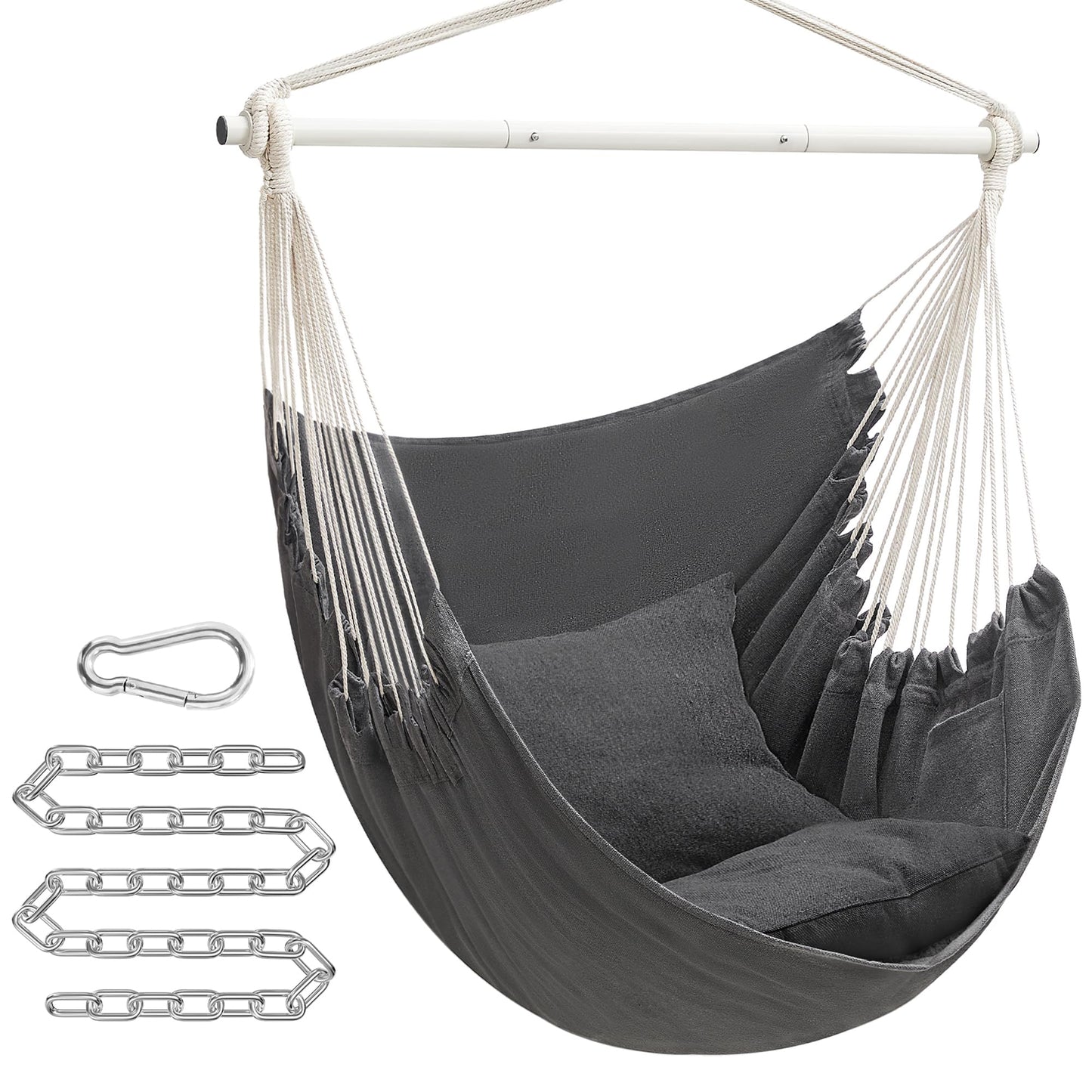 SONGMICS Hammock Chair, Load Capacity 500 lb, Hanging Chair with 2 Cushions, Large Hammock Swing with Chain and Pocket, for Indoor, Outdoor, Living Room, Bedroom, Slate Gray UGDC197G02