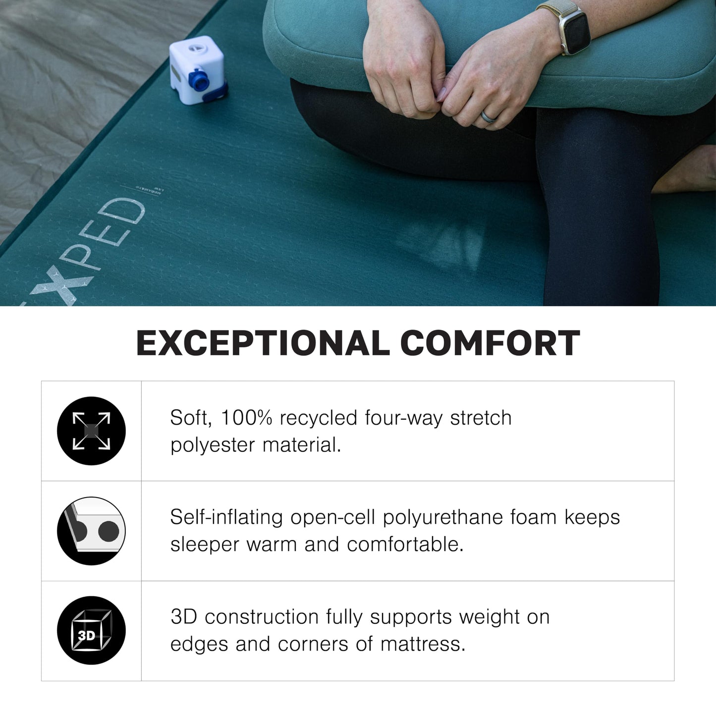 Exped MegaMat Medium Wide - Self Inflating Soft Car Sleeping Mat, 4” Foam Pad, Pump Included