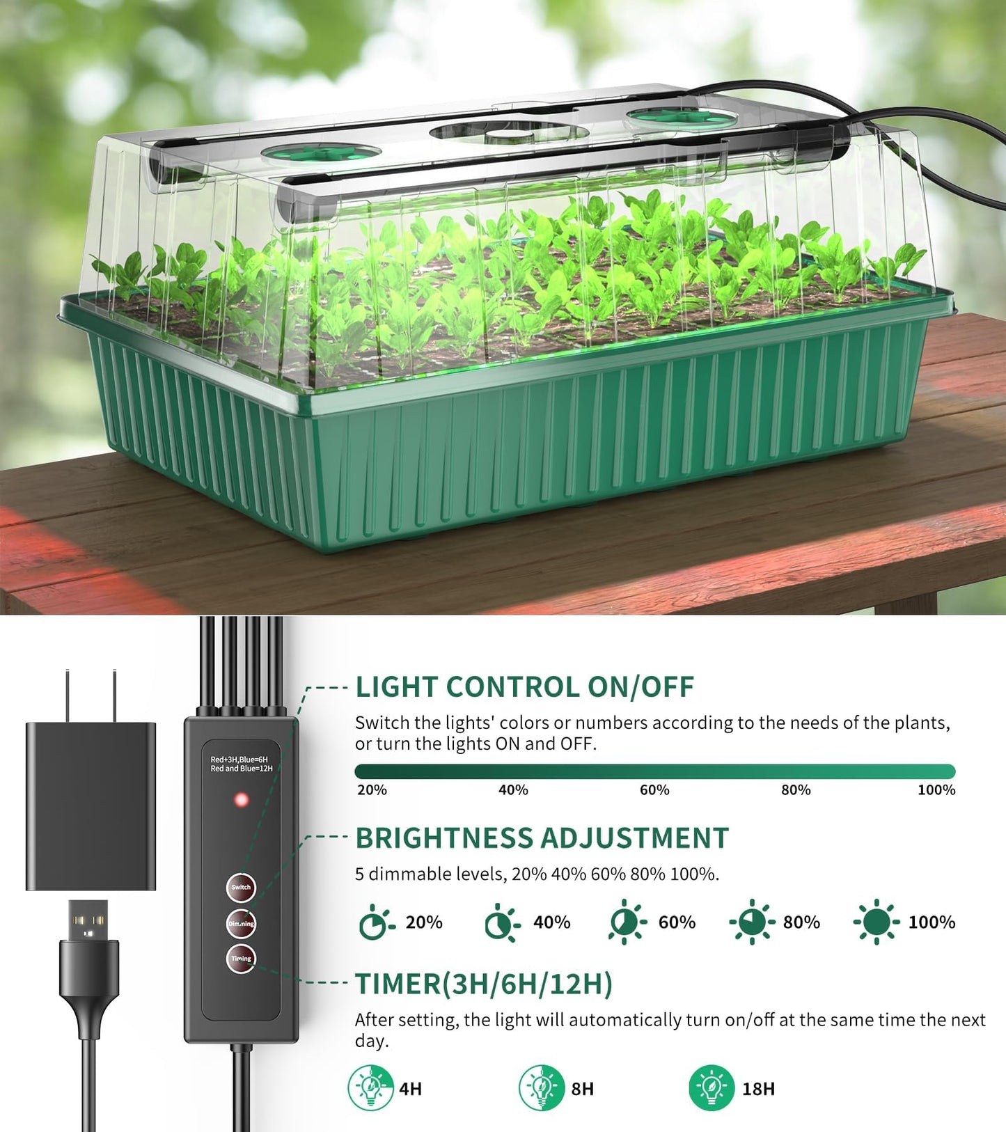 Guioiby Seed Starter Tray, 120-Cells Seed Starter Kit with Grow Light, 2 Pack Reusable Seeding Starter Trays with Air Vent Humidity Domes for Greenhouse Gardening Indoor Planting Growing (Green Base)