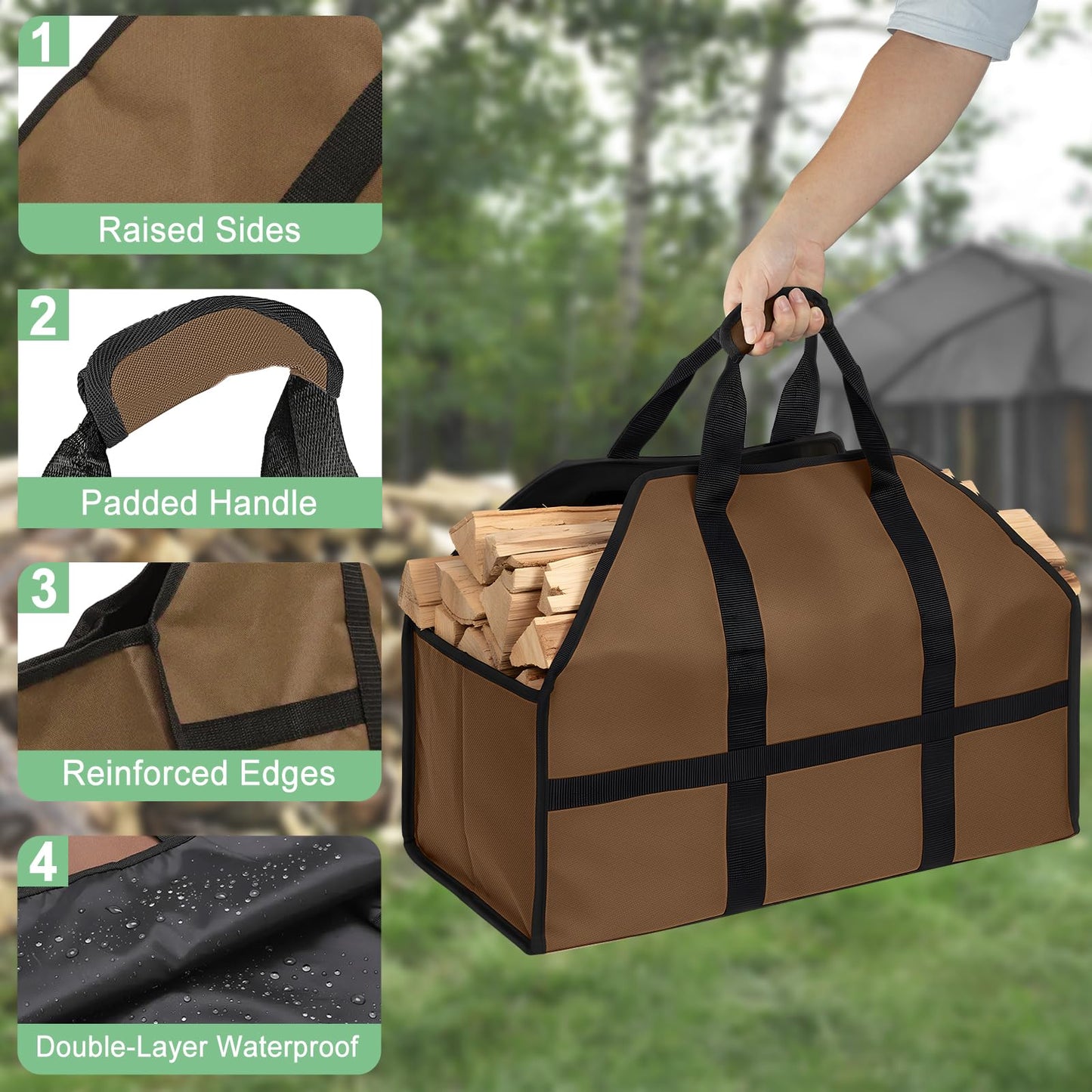 LBTING Firewood Log Carrier, Heavy Duty Oxford Log Tote Wood Carrying Bag with Handle Strap, Suitable for Indoor Fireplace and Outdoor Camping - Brown